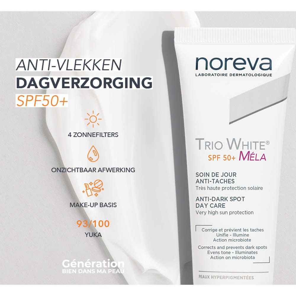 Noreva Trio White Dagverzorging SPF50+: 4 filters, onzichtbaar, make-up basis.