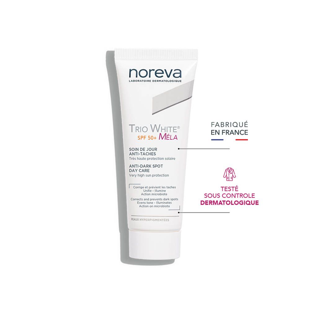 Noreva Trio White Dagverzorging SPF50+, gemaakt in Frankrijk, dermatologisch getest.