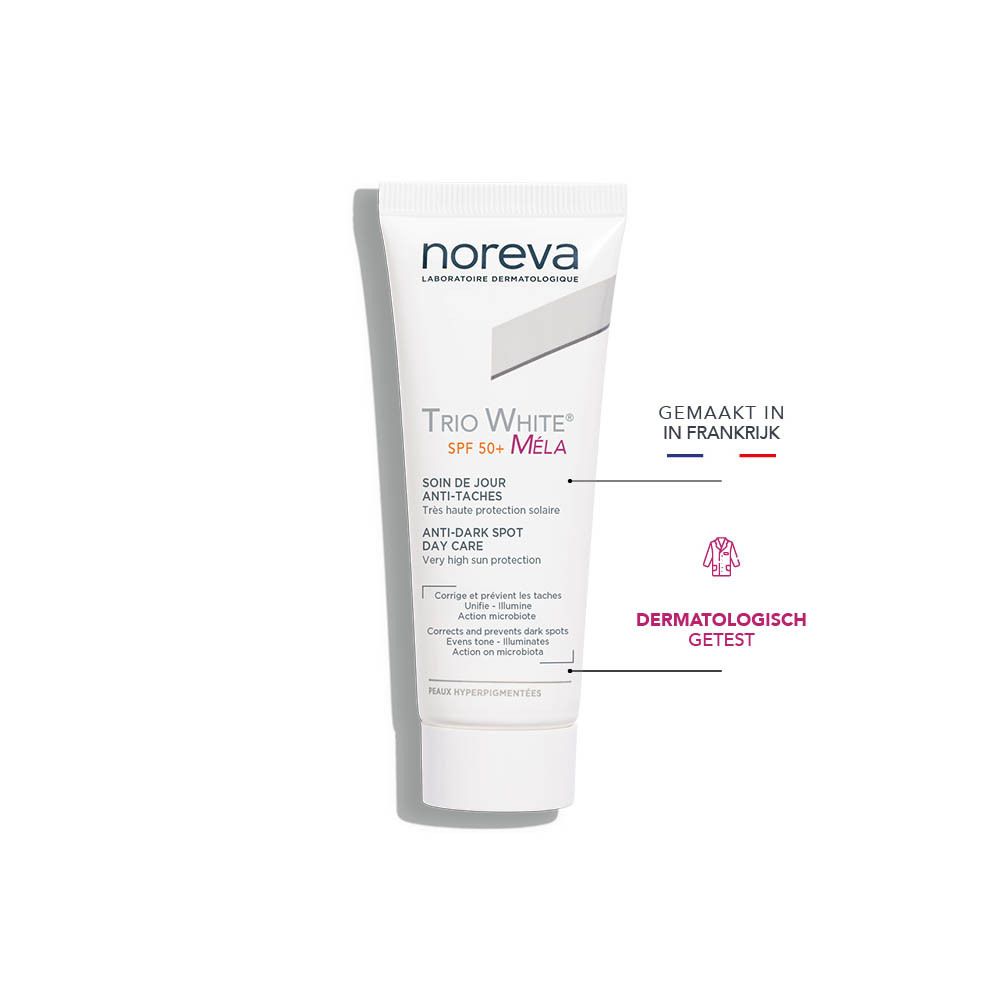 Noreva Trio White Dagverzorging SPF50+, gemaakt in Frankrijk, dermatologisch getest.