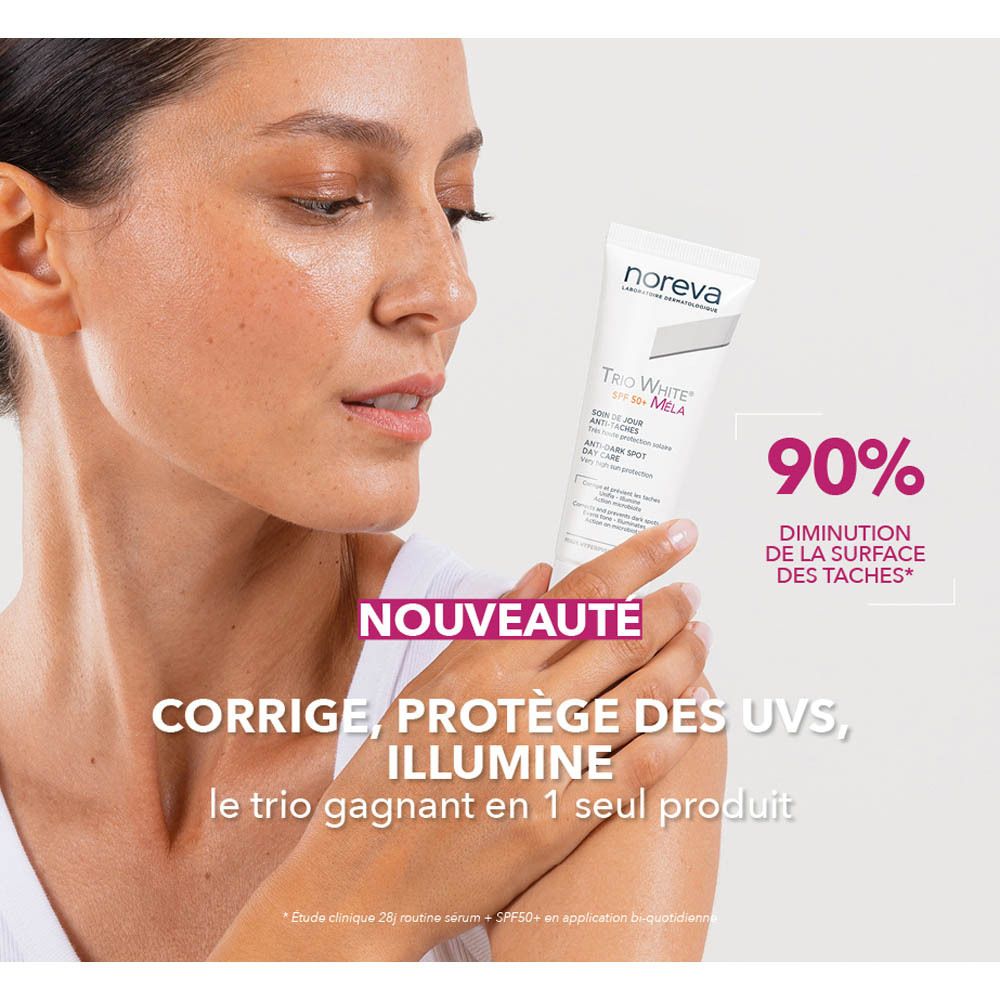 Noreva Trio White Dagverzorging SPF50+ corrigeert, beschermt, verlicht.