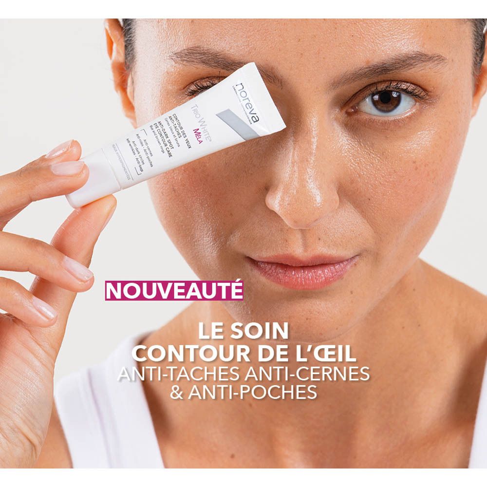 Frau mit Tube Noreva Trio White Mela Augenpflege, Text "Nouveauté".