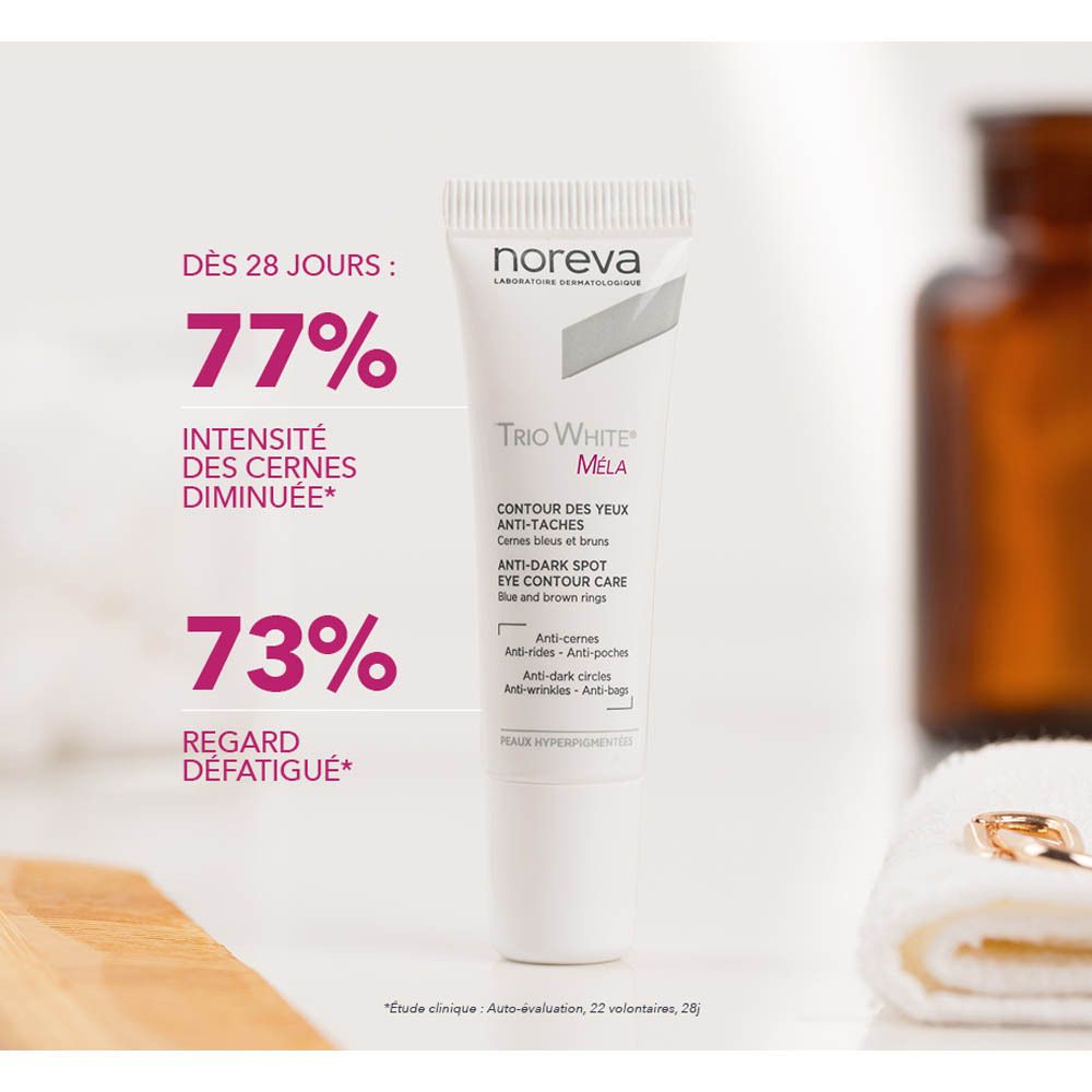Tube Noreva Trio White Mela Augenpflege mit Prozentangaben.