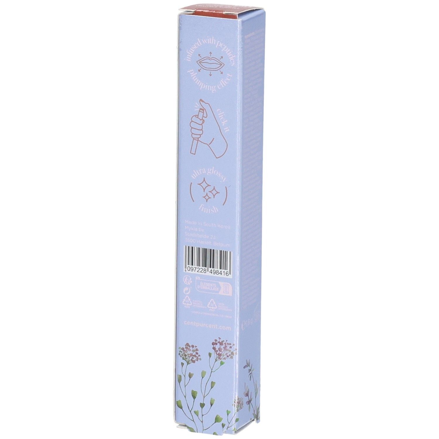 Hellblaue Verpackung mit floralem Muster und Anwendungshinweisen in stilisierter Form.