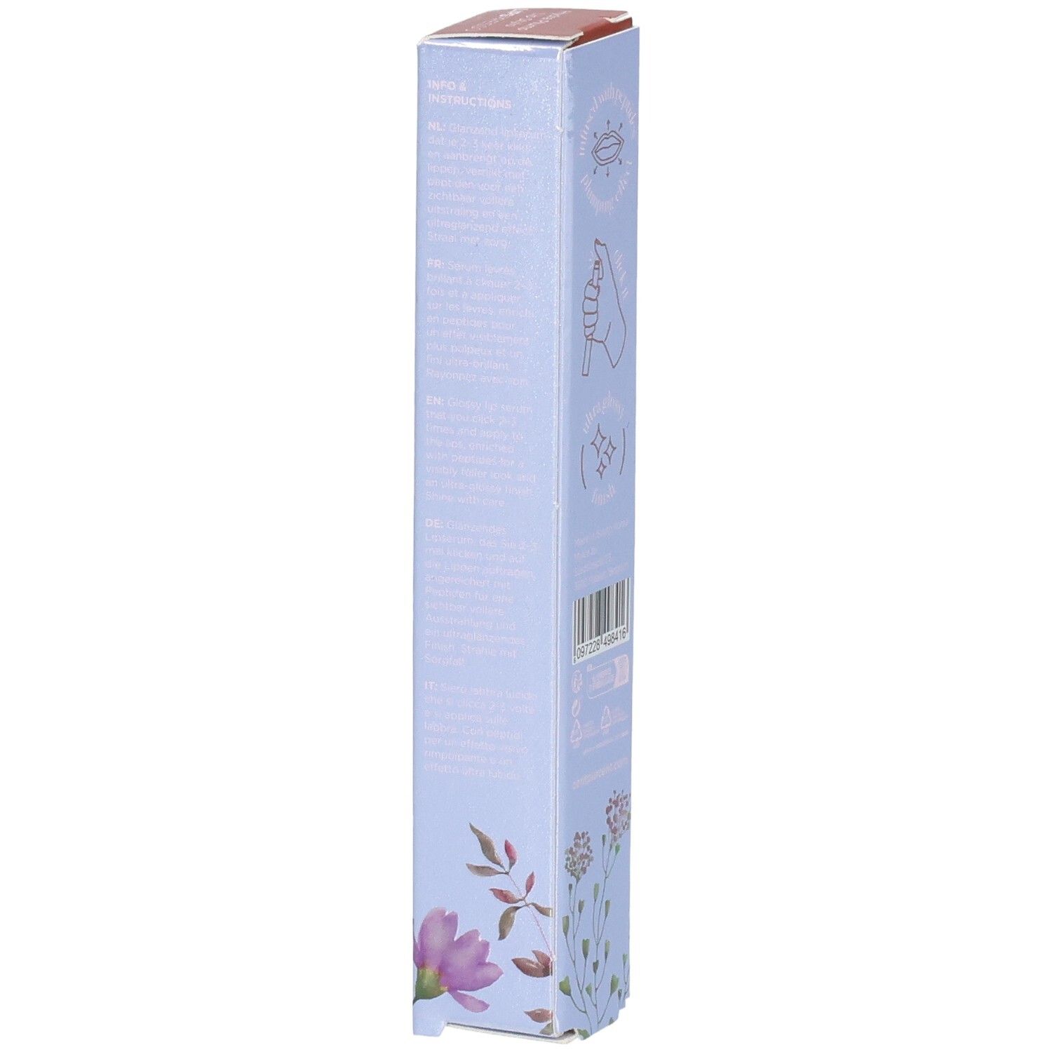 Hellblaue Verpackung mit floralem Muster und Produktinformationen.