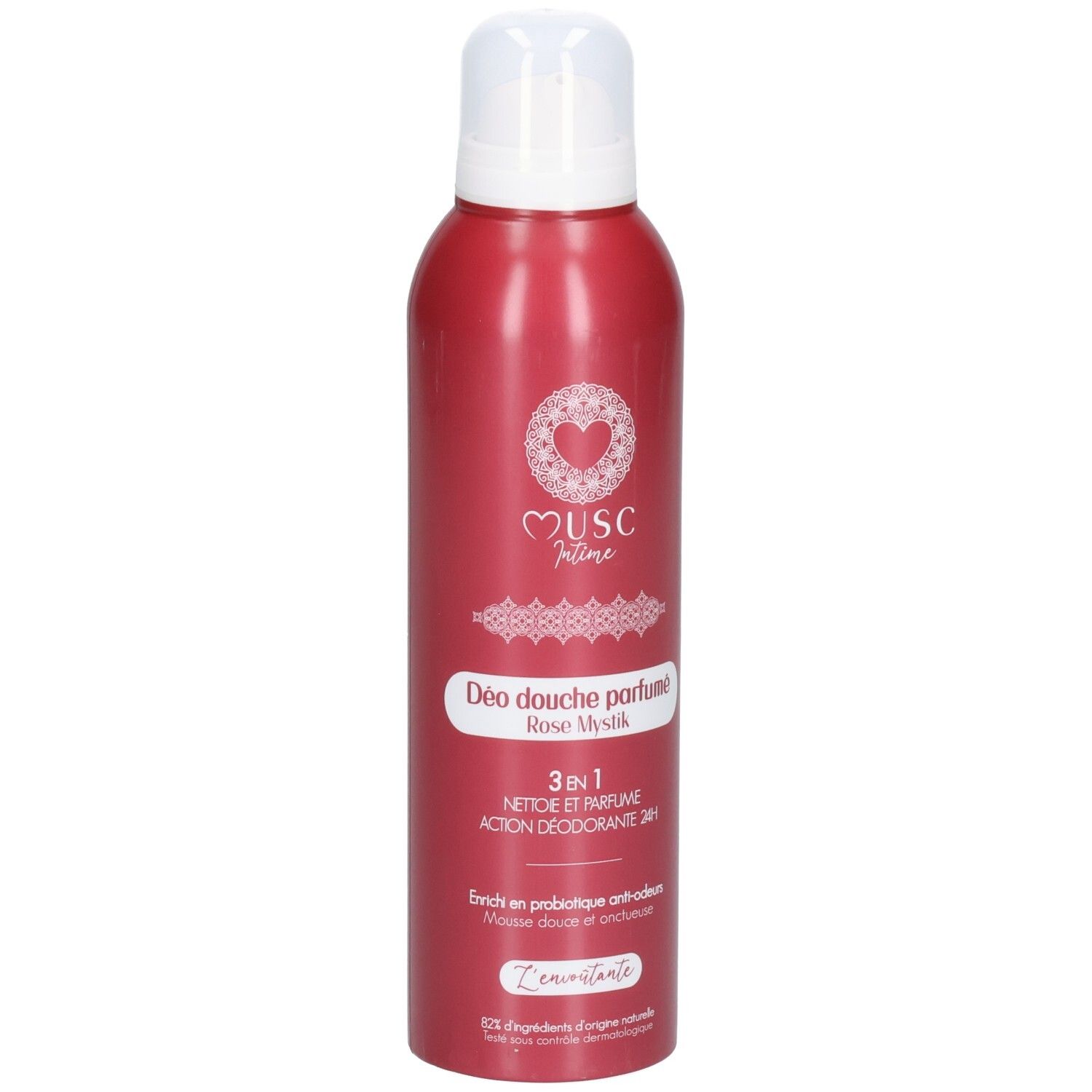Rote Sprühdose mit weißem Deckel. Aufschrift: Musc Intime, Déo douche parfumé Rose Mystik. 3 in 1.