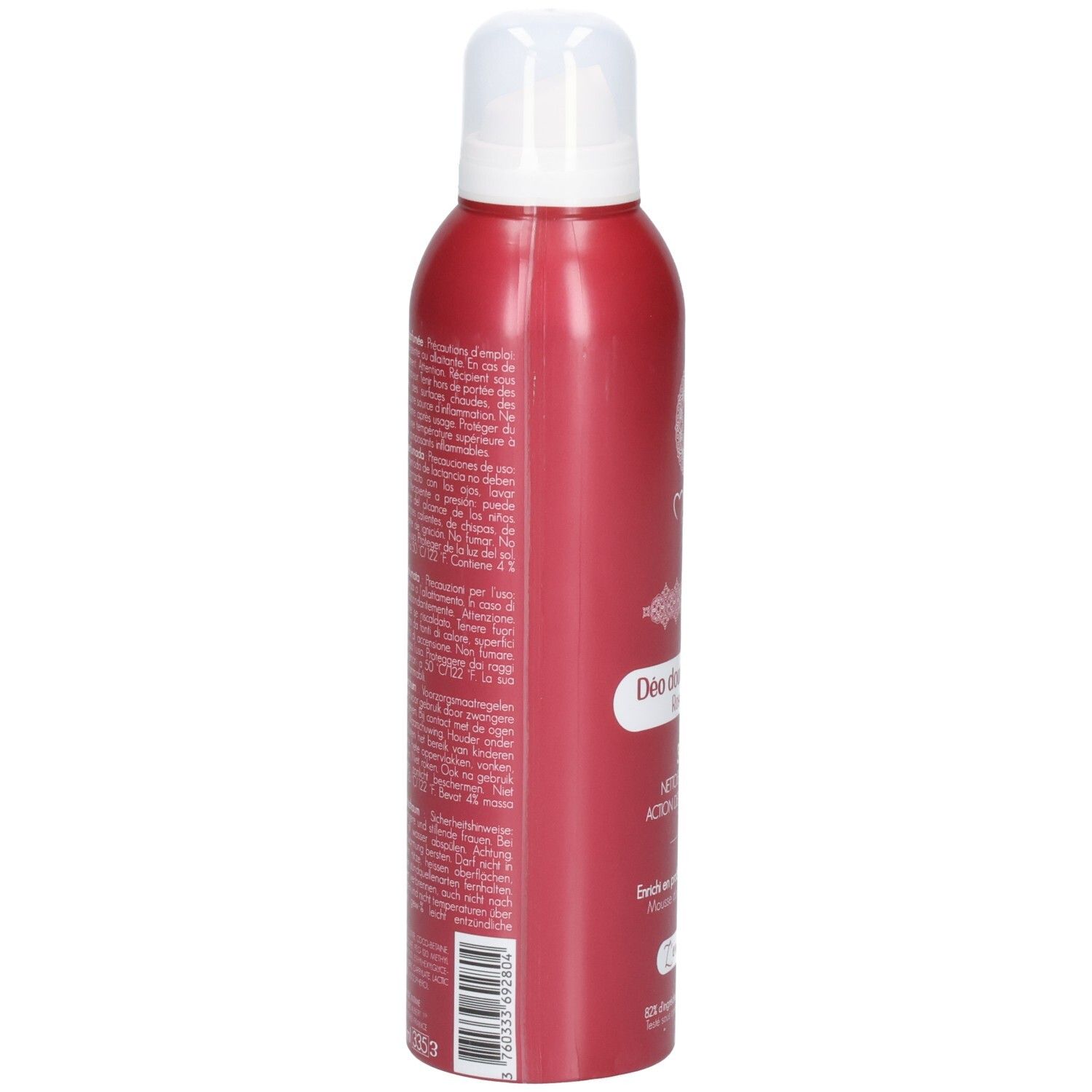 Rote Sprühdose mit weißem Deckel. Text auf der Rückseite. Produktname: Déo douche parfumé Rose Mystik.