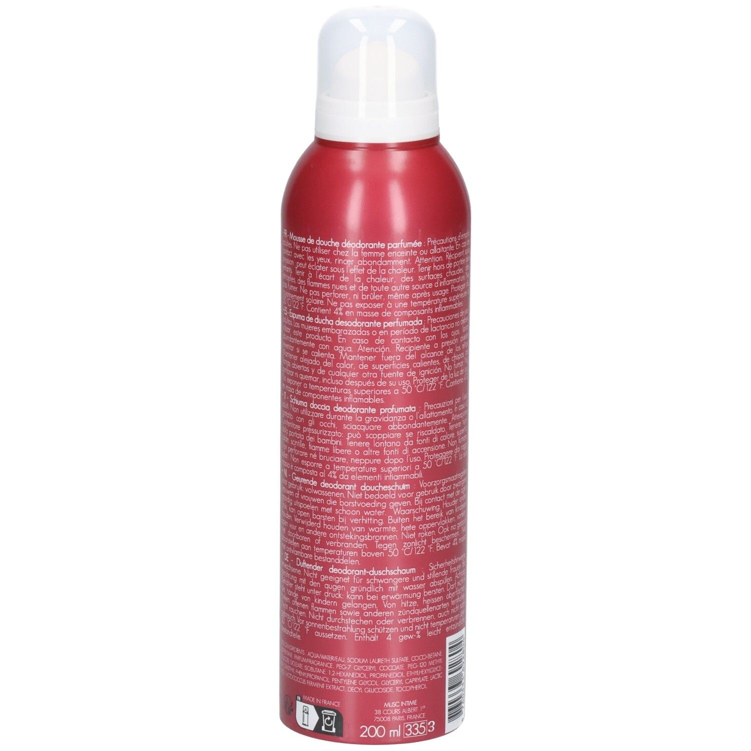 Rote Sprühdose mit weißem Deckel. Rückseite mit Text. Volumen: 200 ml.