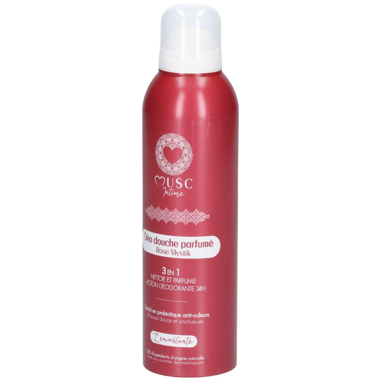 Rote Sprühdose mit weißem Deckel. Aufschrift: Musc Intime, Déo douche parfumé Rose Mystik. 3 in 1.