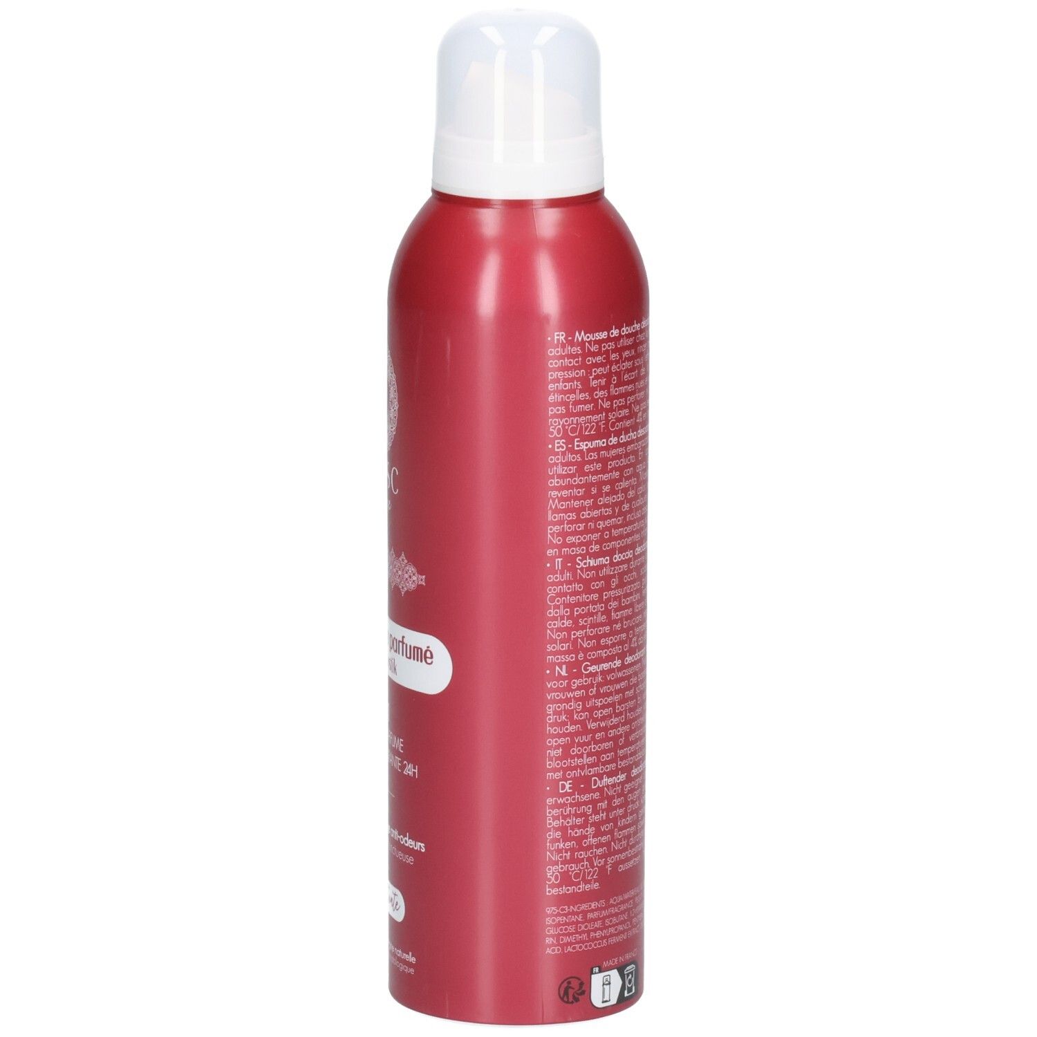Rote Sprühdose mit weißem Deckel. Text auf der Seite. Produktname: Déo douche parfumé Rose Mystik.