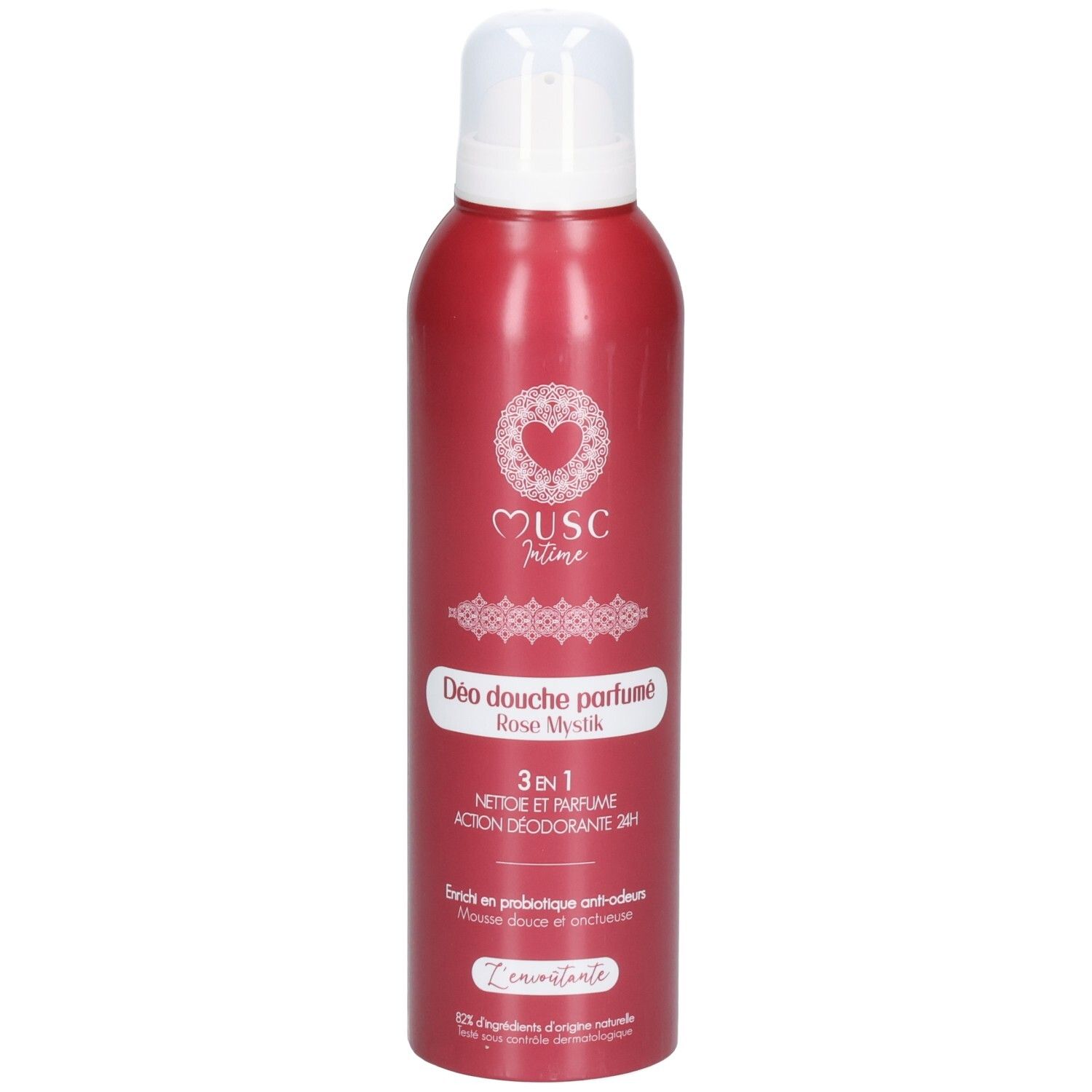 Rote Sprühdose mit weißem Deckel. Aufschrift: Musc Intime, Déo douche parfumé Rose Mystik. 3 in 1.