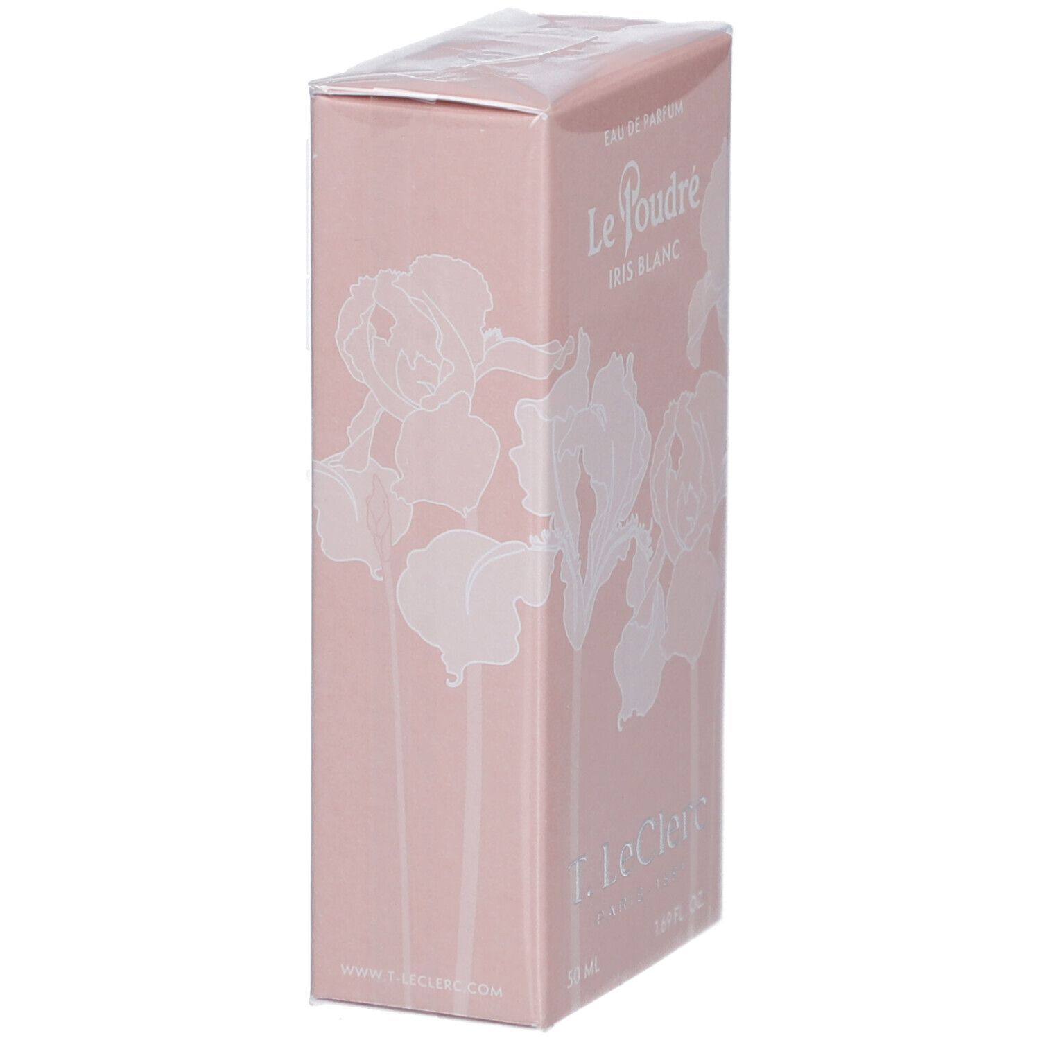 Rosa Kartonverpackung mit weißem Blumendekor. Text: Eau de Parfum, Le Poudré Iris Blanc, T. LeClerc.