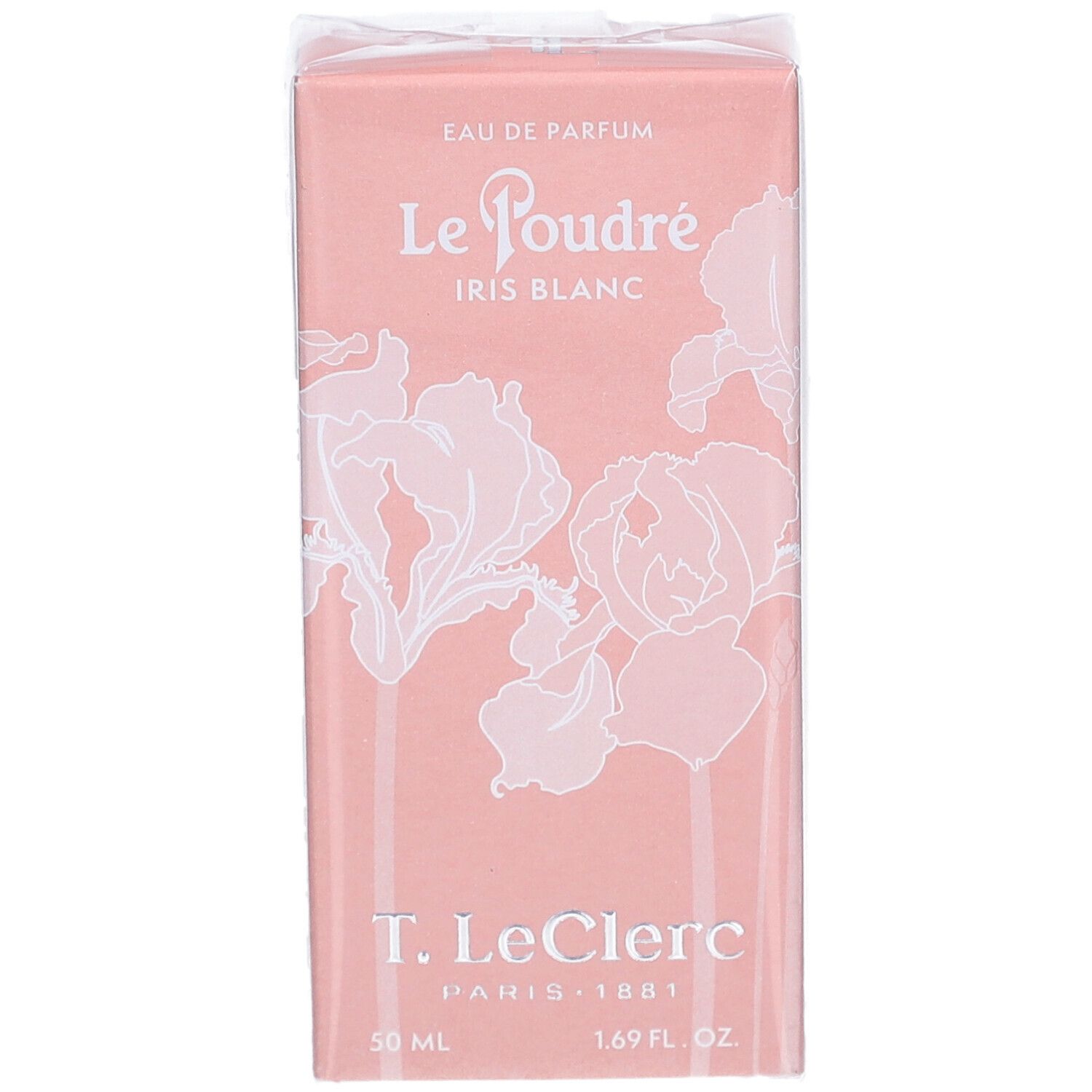 Rosa Kartonverpackung mit weißem Blumendekor. Text: Eau de Parfum, Le Poudré Iris Blanc, T. LeClerc, 50 ml, 1.69 fl. oz.