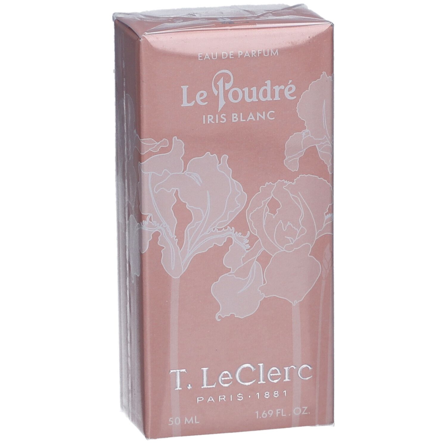 Rosa Kartonverpackung mit weißem Blumendekor. Text: Eau de Parfum, Le Poudré Iris Blanc, T. LeClerc, 50 ml, 1.69 fl. oz.
