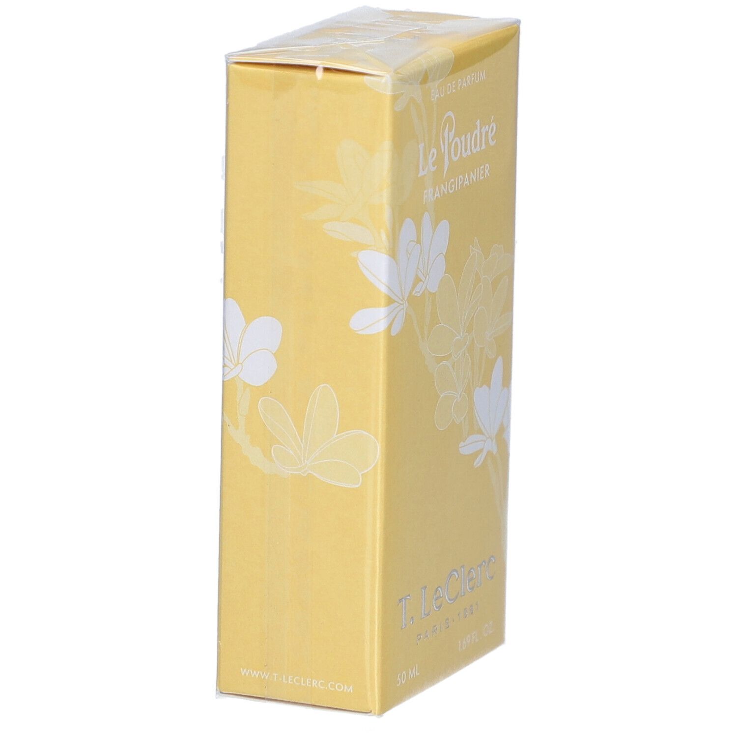 Gelbe Verpackung mit weißem Blumendekor. Aufschrift: Le Poudré Frangipanier, T. LeClerc, 50 ml, 1.69 fl. oz.