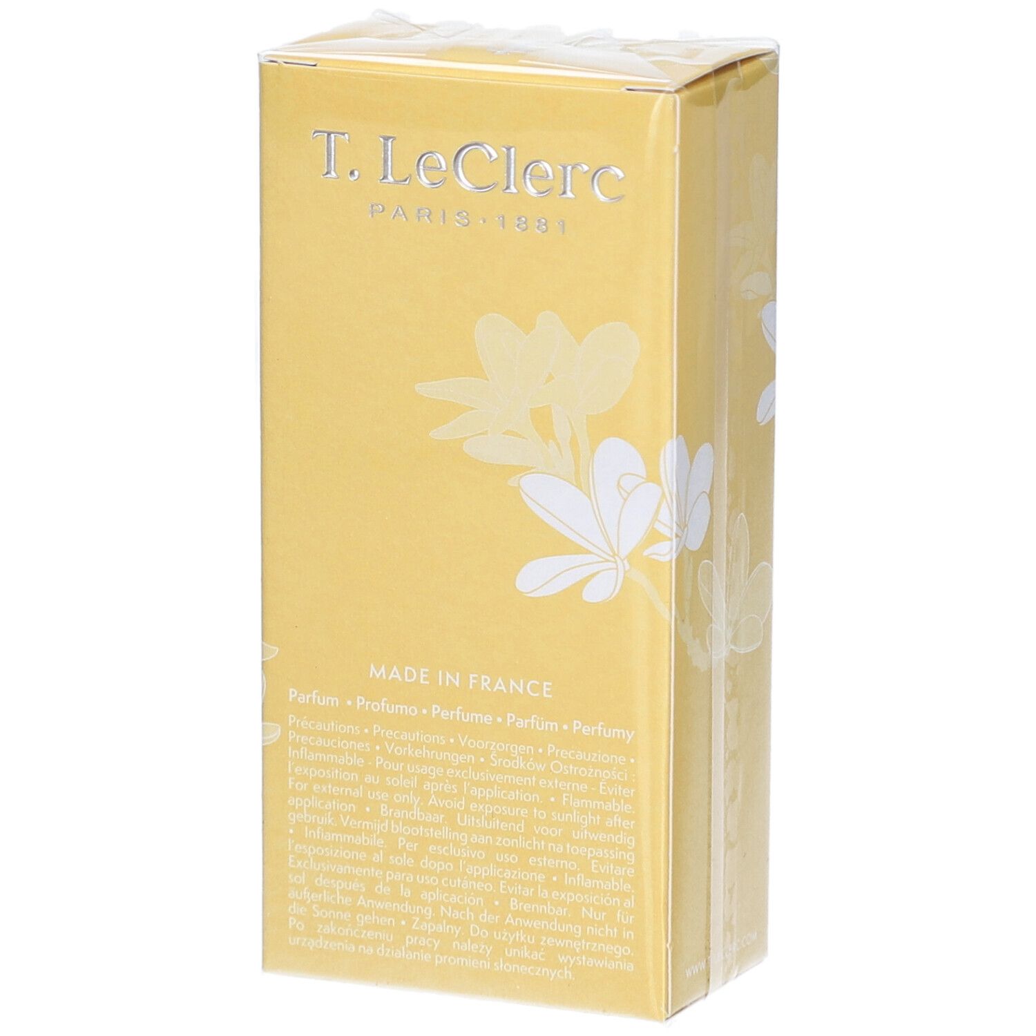 Gelbe Verpackung mit weißem Blumendekor. Aufschrift: Le Poudré Frangipanier, T. LeClerc, 50 ml, 1.69 fl. oz.