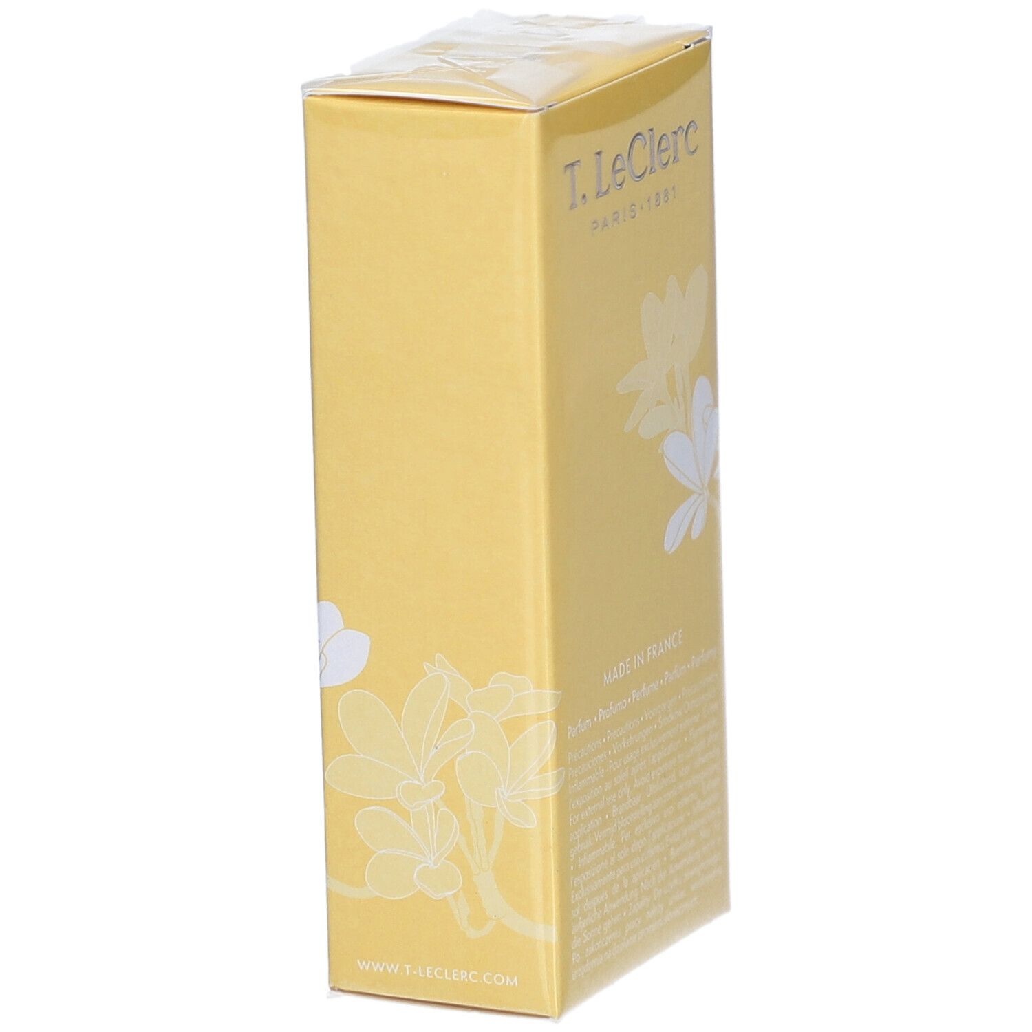 Gelbe Verpackung mit weißem Blumendekor. Aufschrift: Le Poudré Frangipanier, T. LeClerc, 50 ml, 1.69 fl. oz.