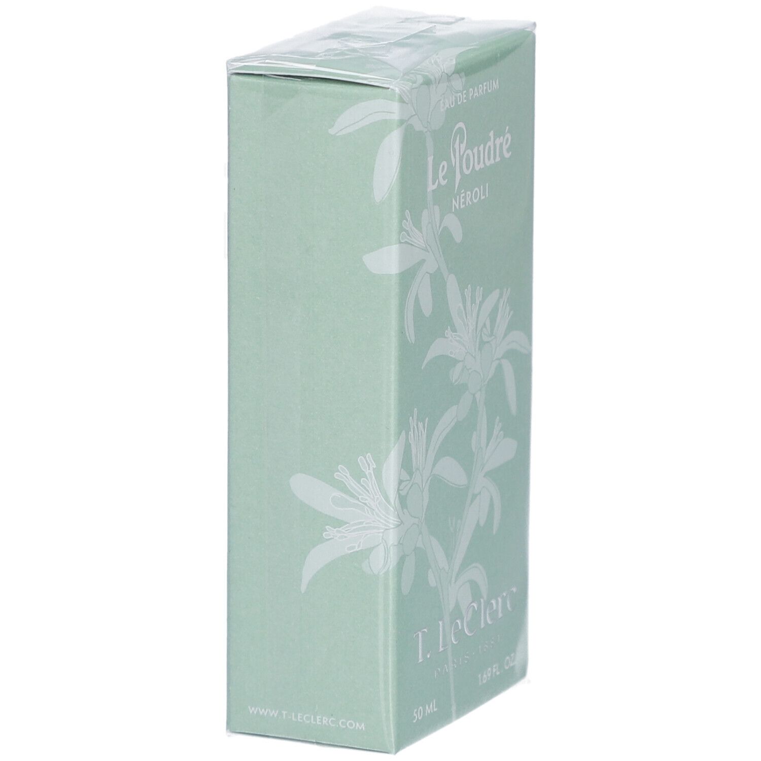 Grüne Schachtel mit floralem Muster. Text: Le Poudré Néroli, T. Leclerc, 50 ml, 1.69 fl. oz. Verpackt in Folie.