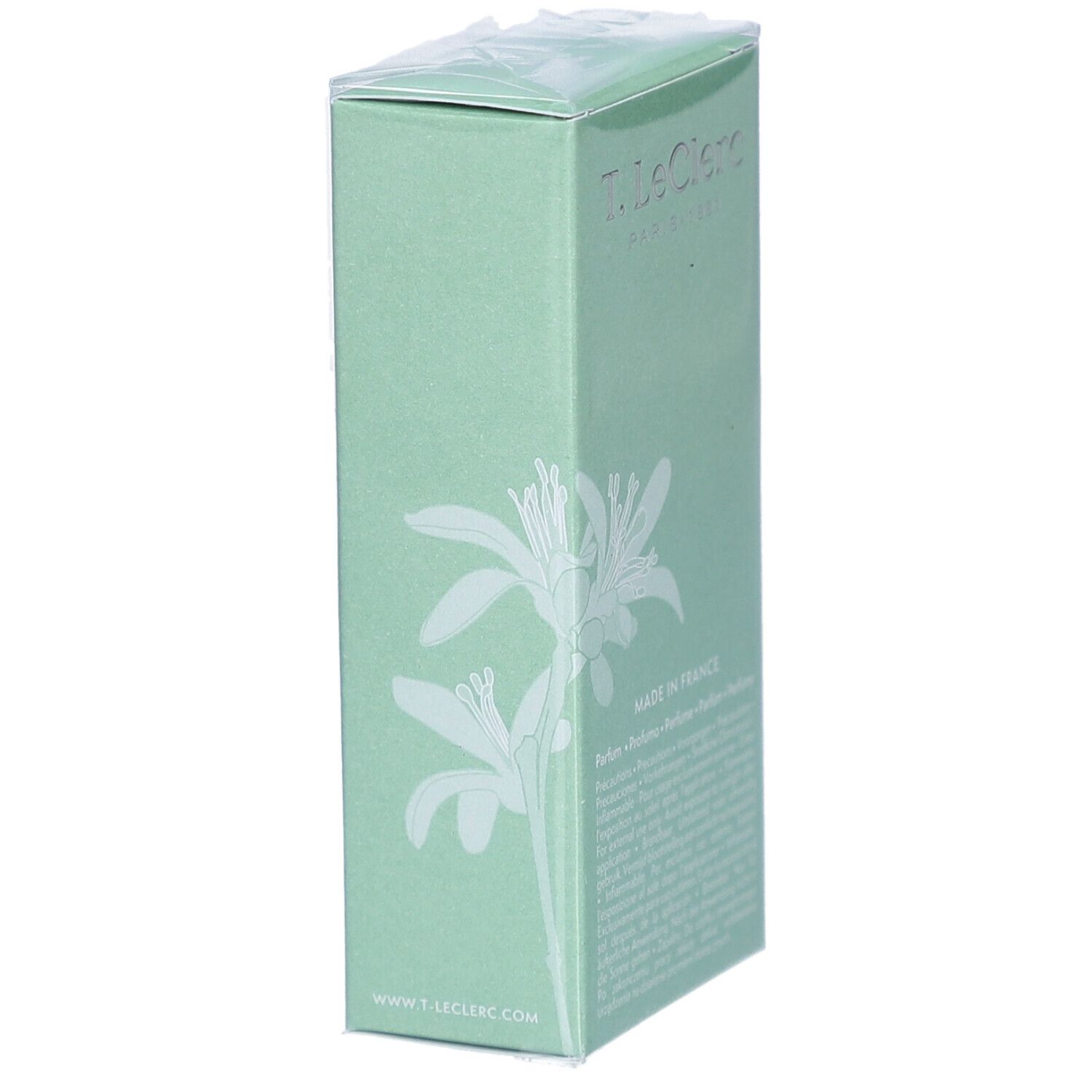 Grüne Schachtel mit floralem Muster. Text: T. Leclerc, Made in France. Verpackt in Folie.