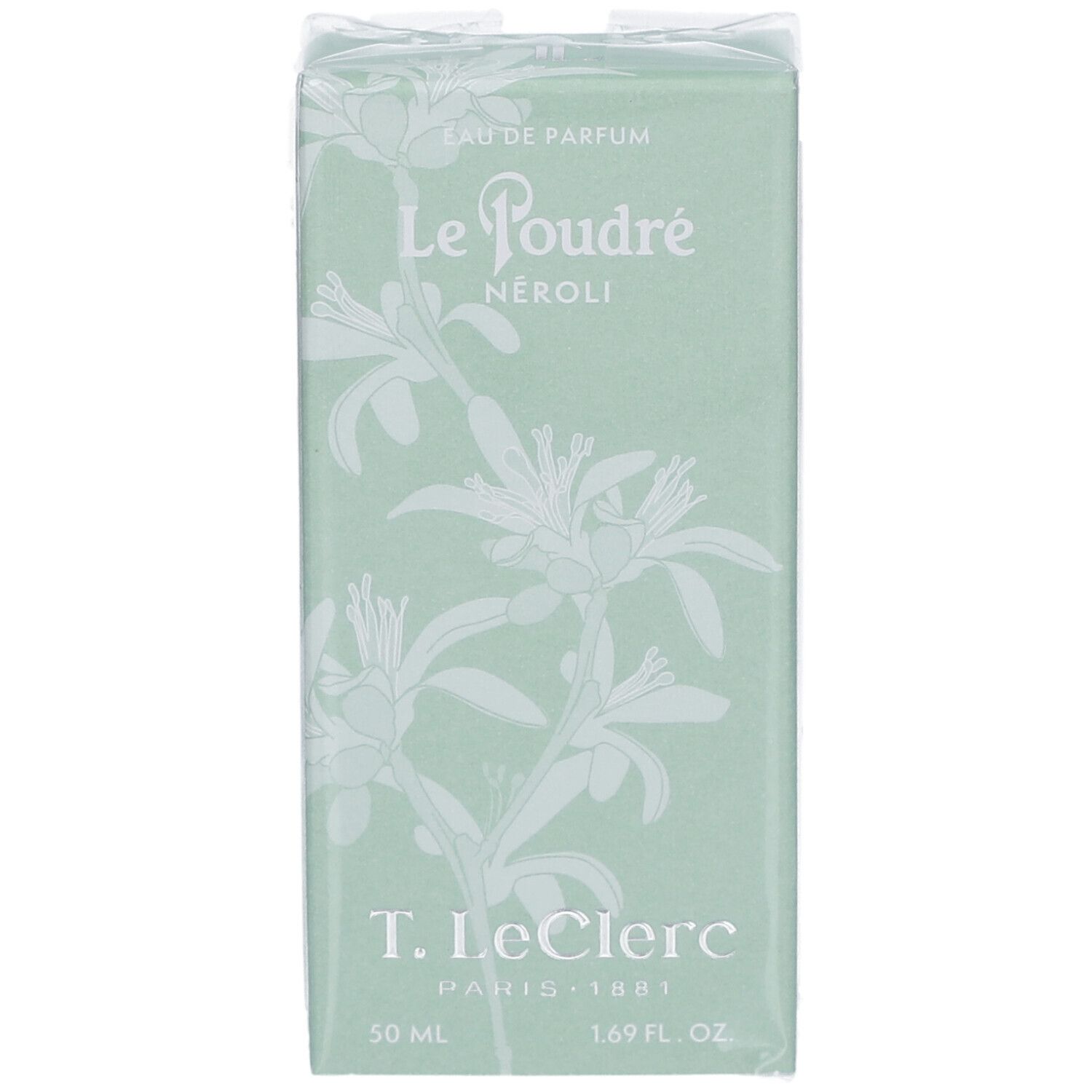 Grüne Schachtel mit floralem Muster und Produktnamen. Text: Le Poudré Néroli, T. Leclerc, 50 ml, 1.69 fl. oz.