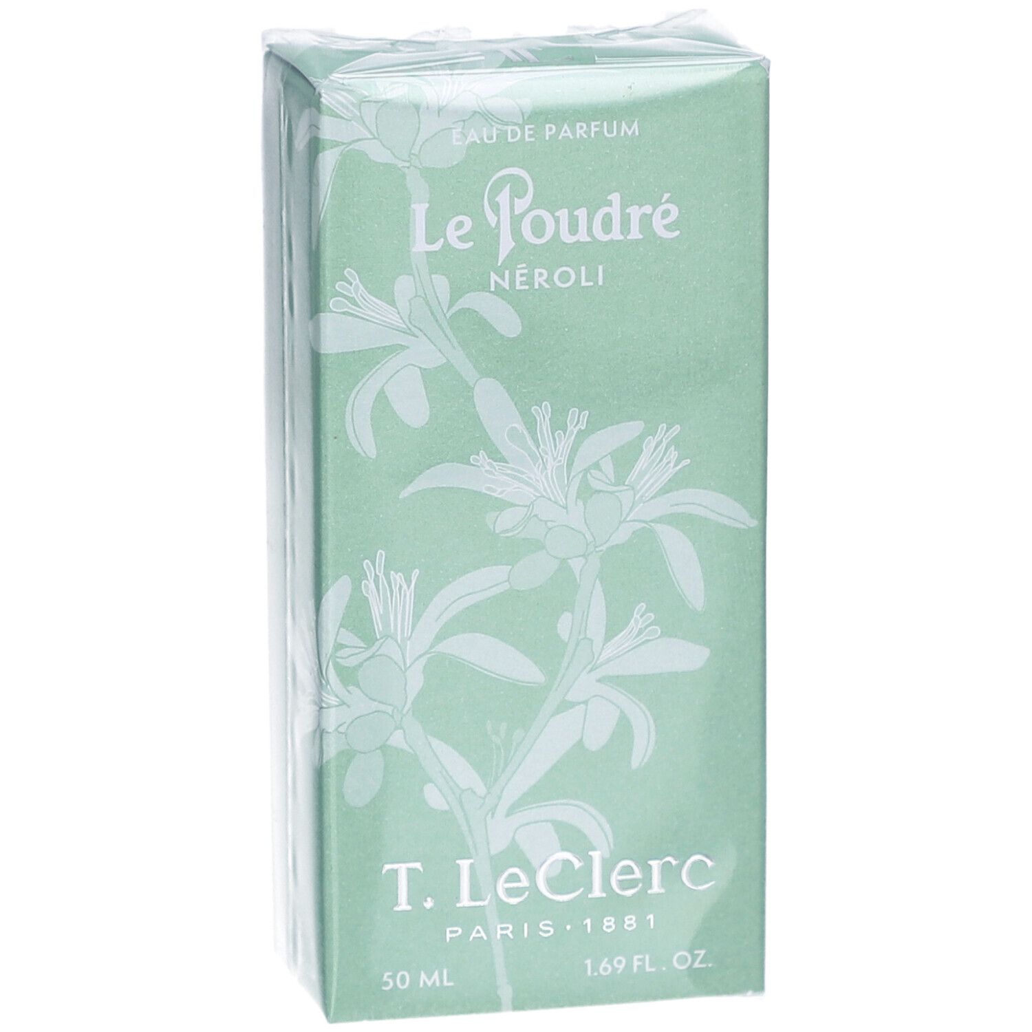 Grüne Schachtel mit floralem Muster und Produktnamen. Text: Le Poudré Néroli, T. Leclerc, 50 ml, 1.69 fl. oz.