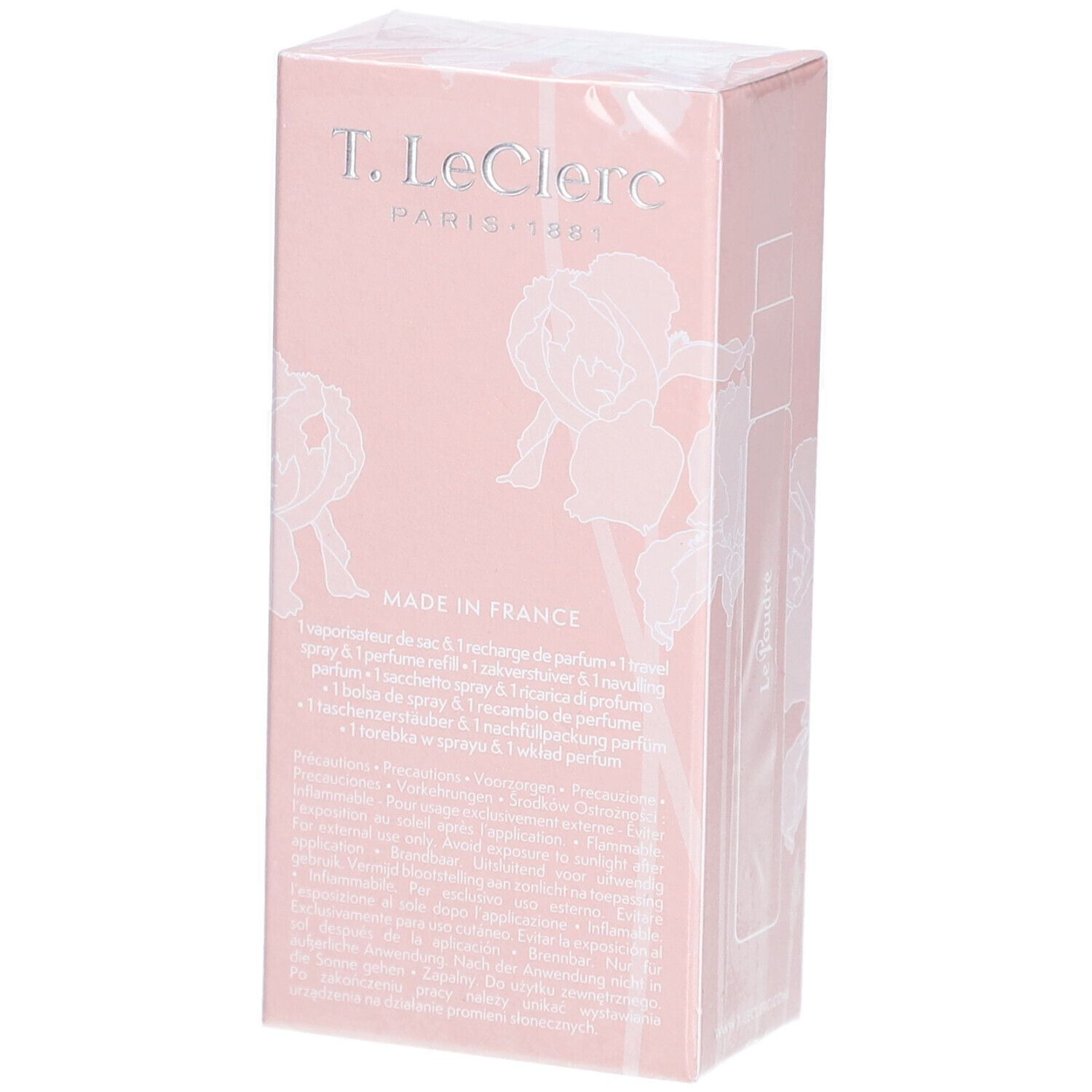 Rosa Kartonverpackung. Aufschrift: Le Poudré Iris Blanc, Eau de Parfum. Unten: T. LeClerc. Rückseite: Made in France. Text.
