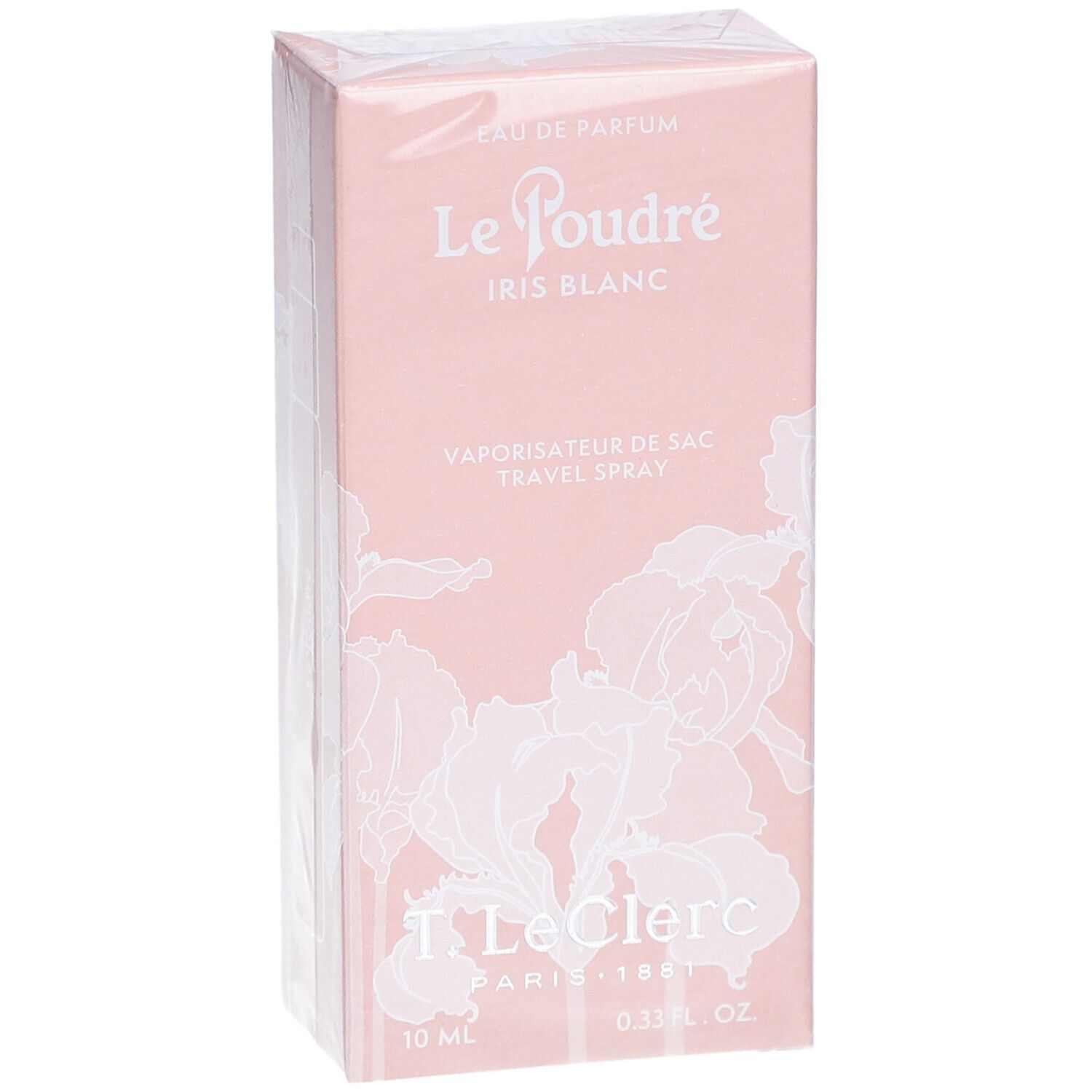 Rosa Kartonverpackung. Aufschrift: Le Poudré Iris Blanc, Eau de Parfum, Travel Spray. Unten: T. LeClerc, 10 ml, 0.33 fl. oz.