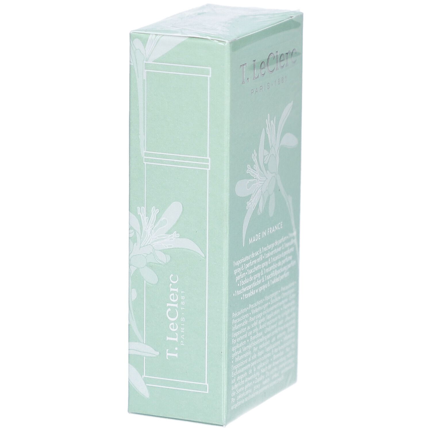 T. Leclerc Parfum-Reisezerstäuber-Verpackung, Seitenansicht mit Blumenmuster.
