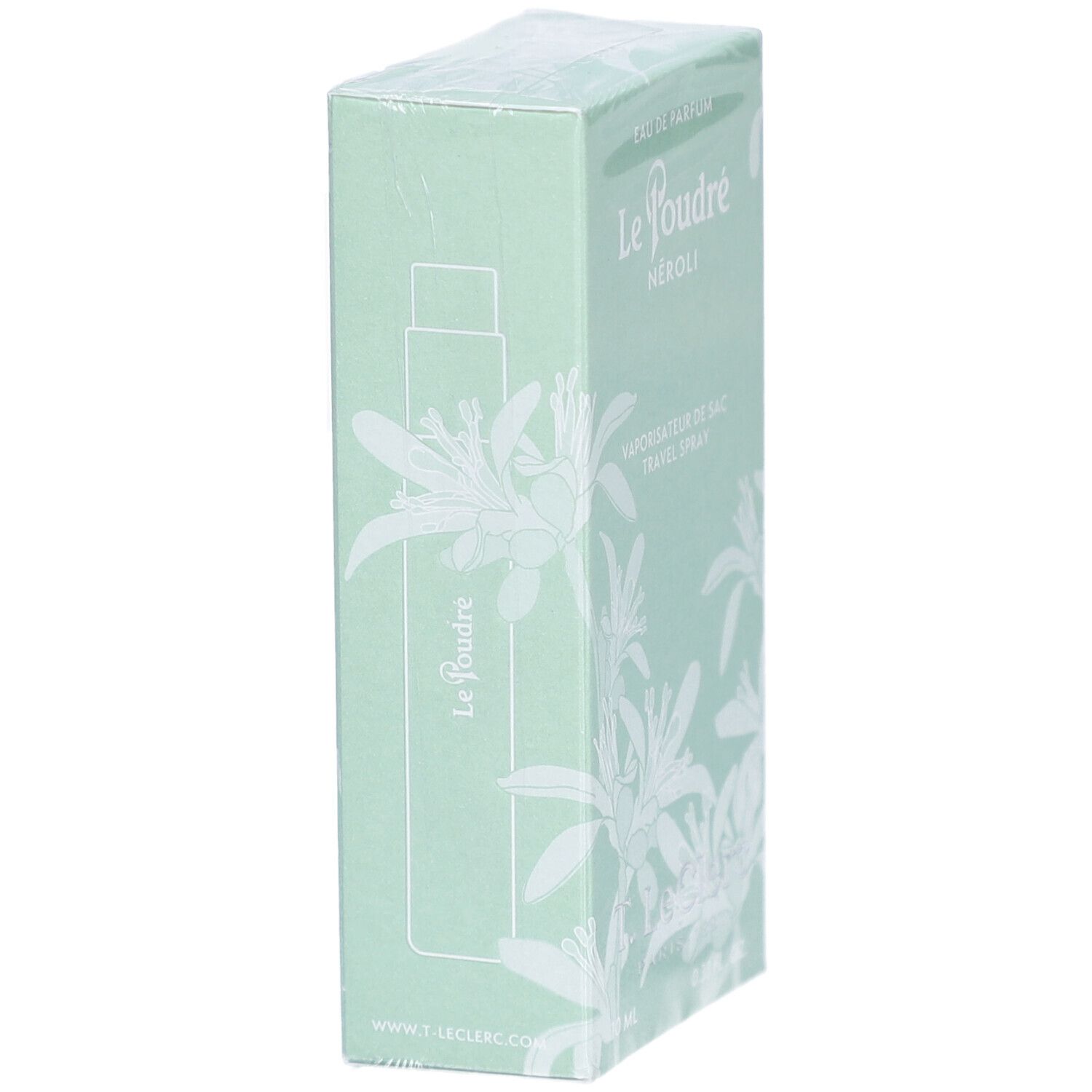 T. Leclerc Le Poudré Reisezerstäuber-Verpackung, Seitenansicht mit Blumenmuster.