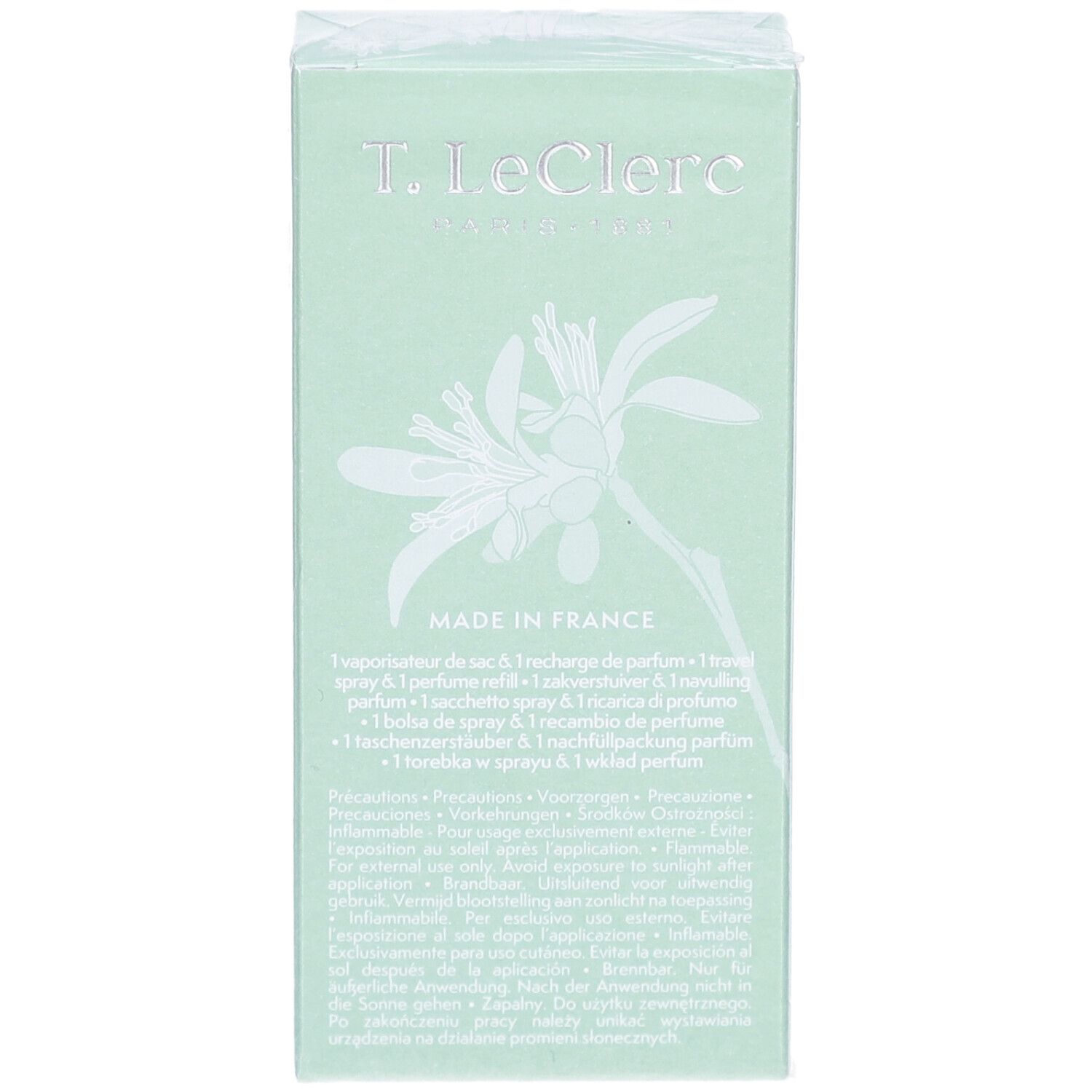 T. Leclerc Parfum-Reisezerstäuber-Verpackung mit Blumenmuster und detaillierten Anwendungshinweisen.
