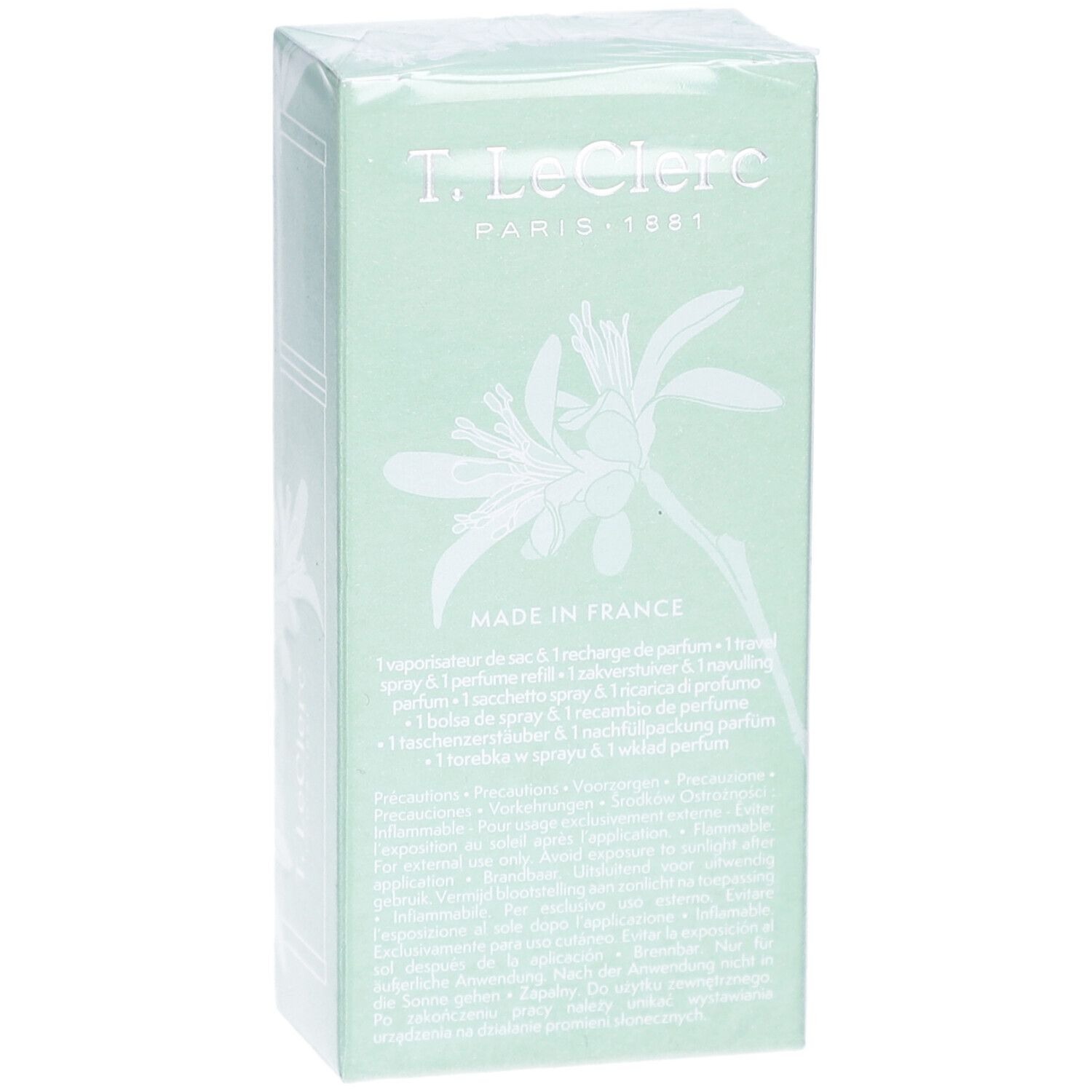 T. Leclerc Parfum-Reisezerstäuber-Verpackung, Vorderseite mit Blumenmuster und "Made in France".