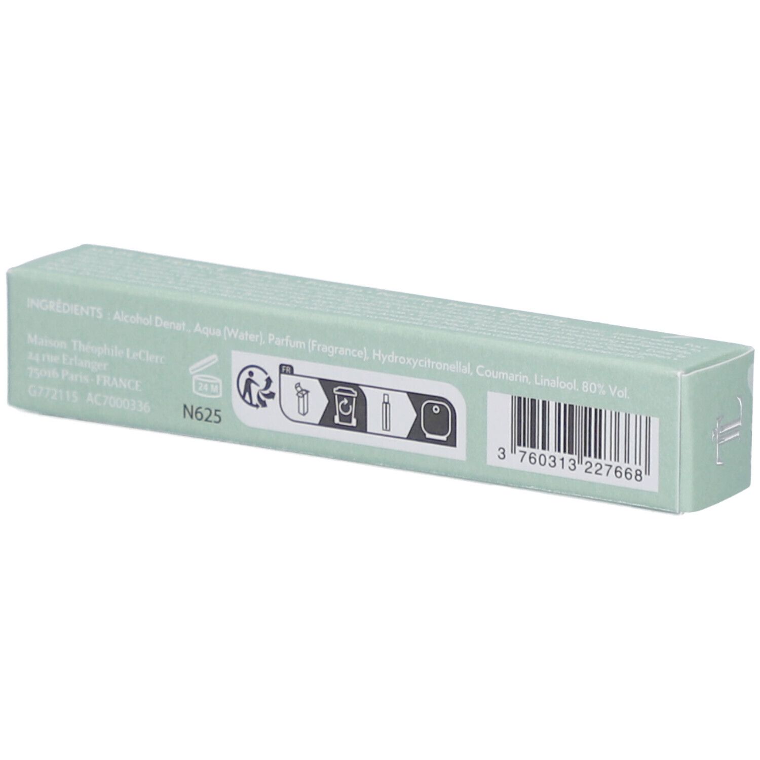 Rückseite der T. LeClerc Parfum Le Poudré Néroli Eau de Parfum Verpackung mit Inhaltsstoffen und Barcode.