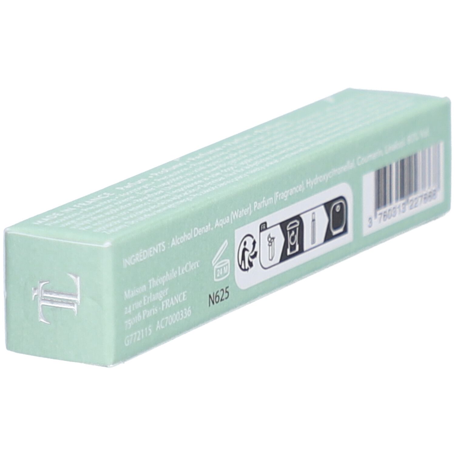 Rückseite der T. LeClerc Parfum Le Poudré Néroli Eau de Parfum Verpackung mit Inhaltsstoffen und Barcode.
