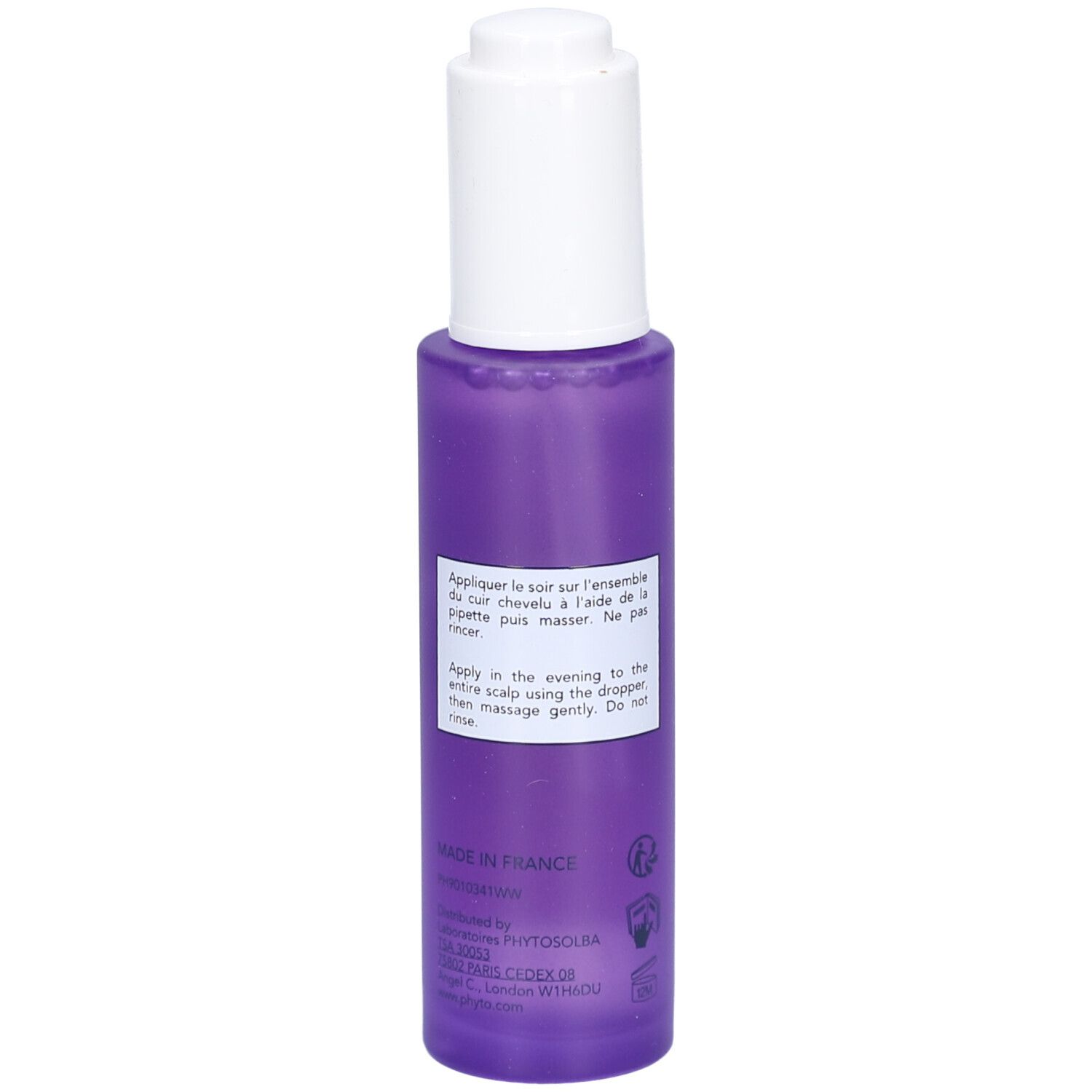 Rückseite einer violetten Flasche mit weißem Deckel. Text auf Etikett. Produktname nicht sichtbar.