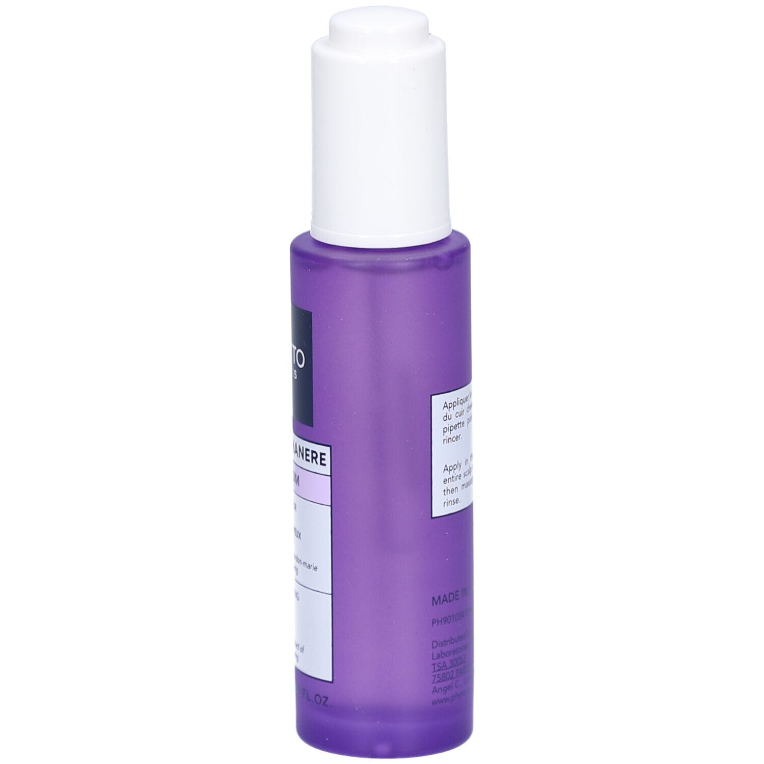 Rückseite einer violetten Flasche mit weißem Deckel. Text auf Etikett. Produktname nicht sichtbar.