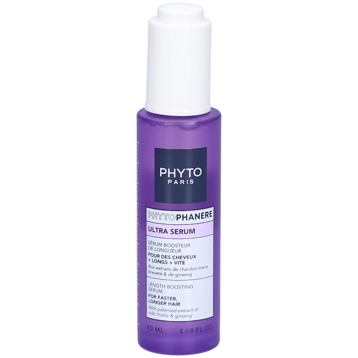 Violette Flasche mit weißem Deckel. Produktname und Text auf dem Etikett. 50 ml.