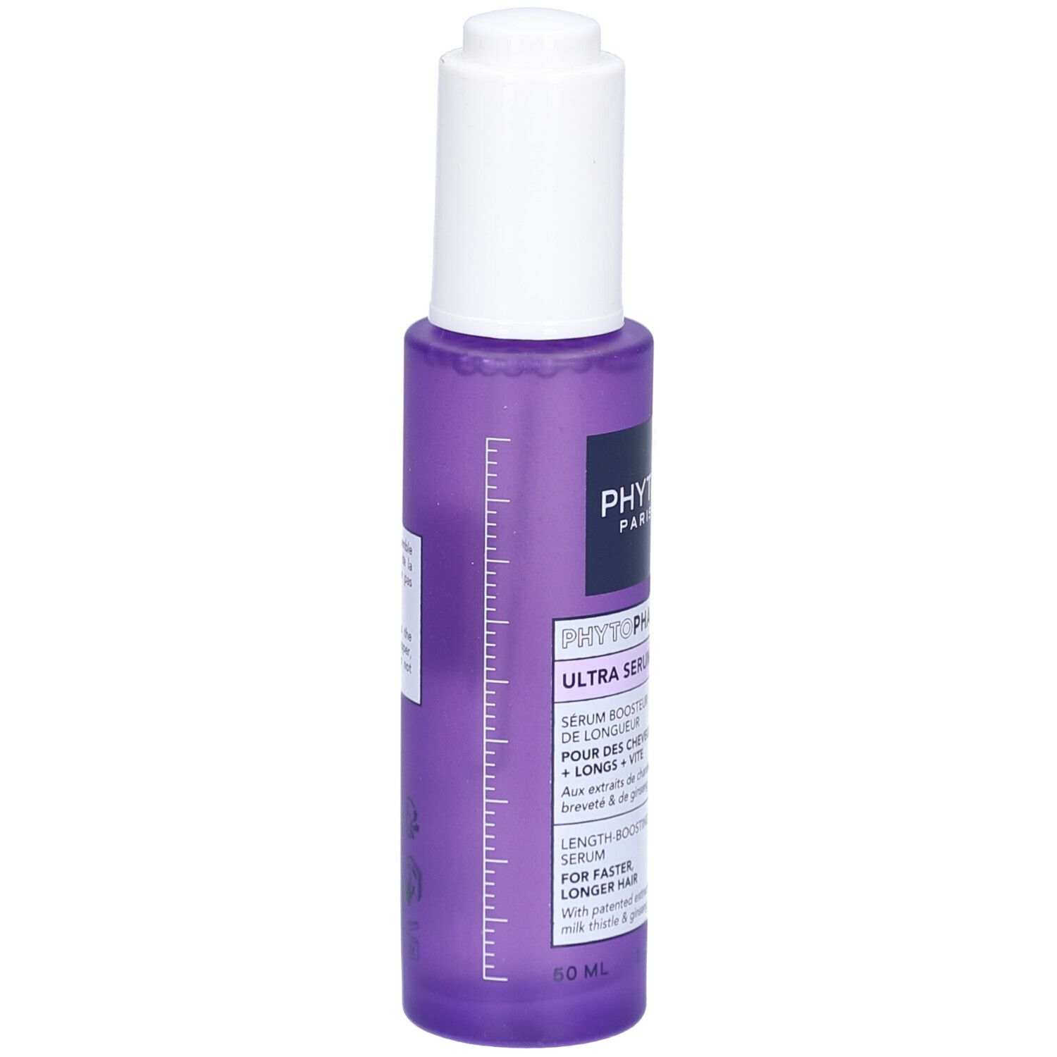 Violette Flasche mit weißem Deckel. Produktname und Text auf dem Etikett. 50 ml.