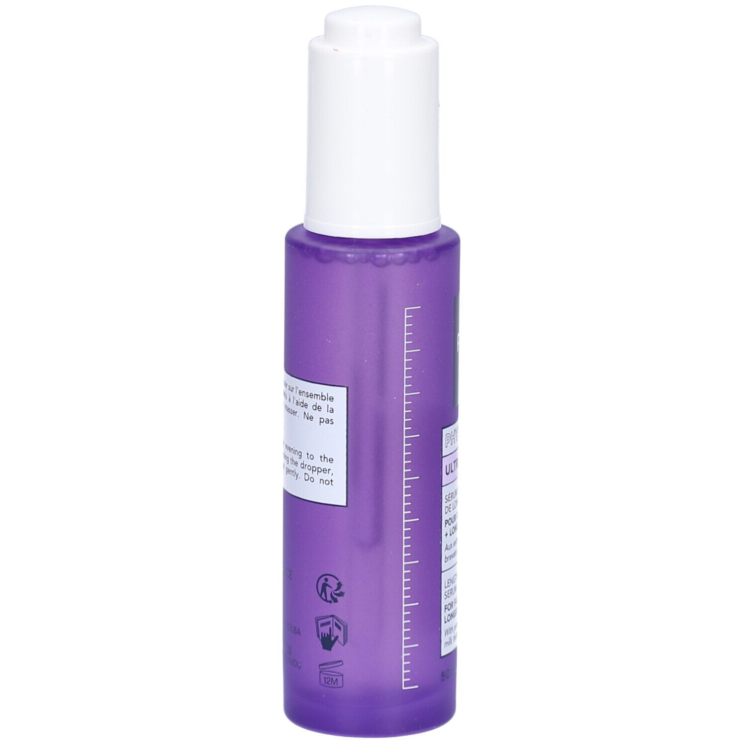 Rückseite einer violetten Flasche mit weißem Deckel. Text auf Etikett. Produktname nicht sichtbar.