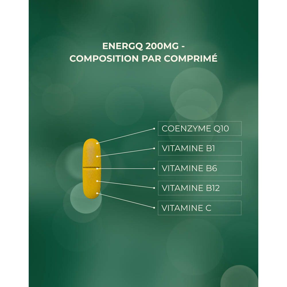 Capsule avec ingrédients : Coenzyme Q10, Vitamines B1, B6, B12, C.