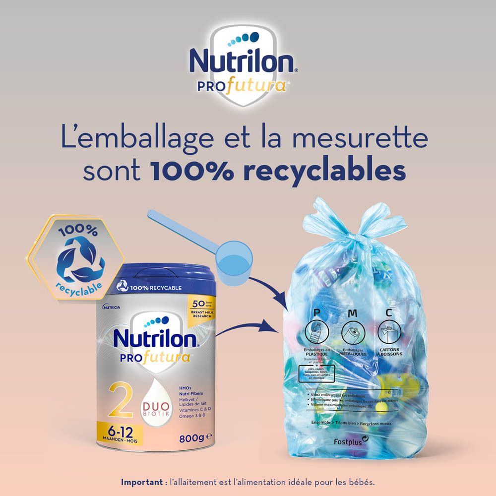 Lait infantile Nutrilon PROfutura 2, boîte 800g, avec mesurette. Emballage et mesurette 100% recyclables.