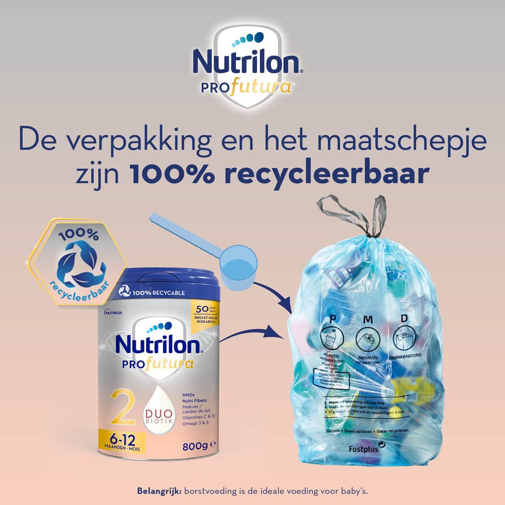 Nutrilon Profutura 2 zuigelingenvoeding (800g) met maatlepel en 100% recyclebare verpakking, naast een volle plastic zak voor recycling.