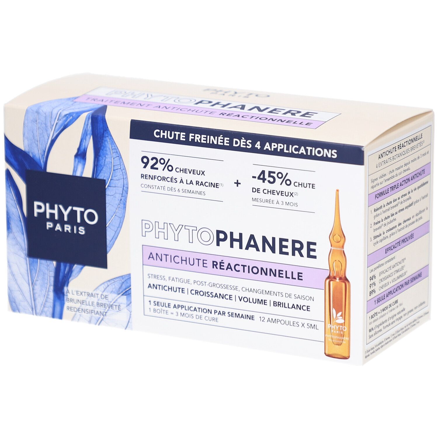 Verpackung von Phyto Paris Phytophanere. Enthält 12 Ampullen. Text: Antichute Réactionnelle, Chute freinée dès 4 applications.