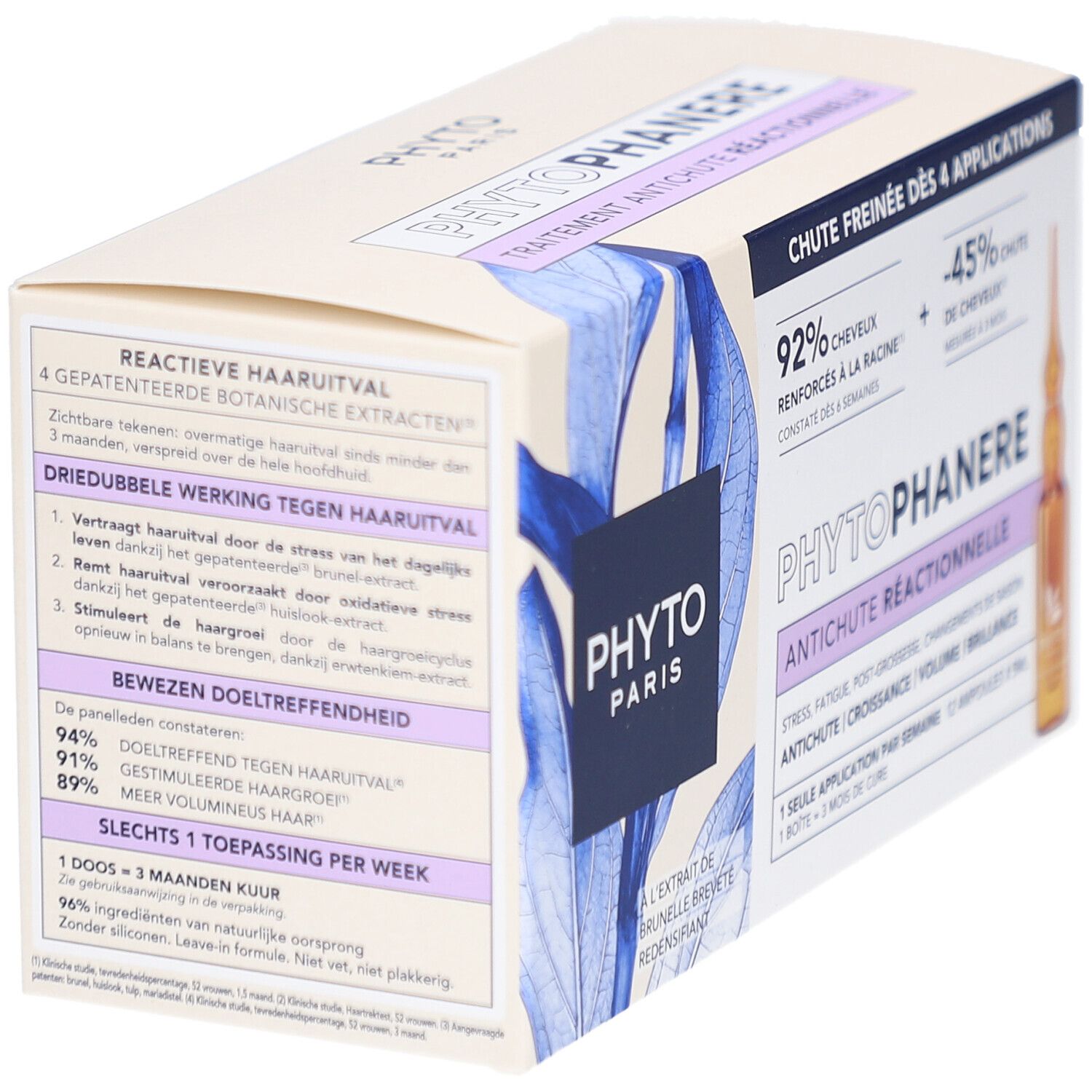 Verpackung von Phyto Paris Phytophanere. Text: Antichute Réactionnelle, 4 botanische Extrakte, 92% verstärktes Haar.