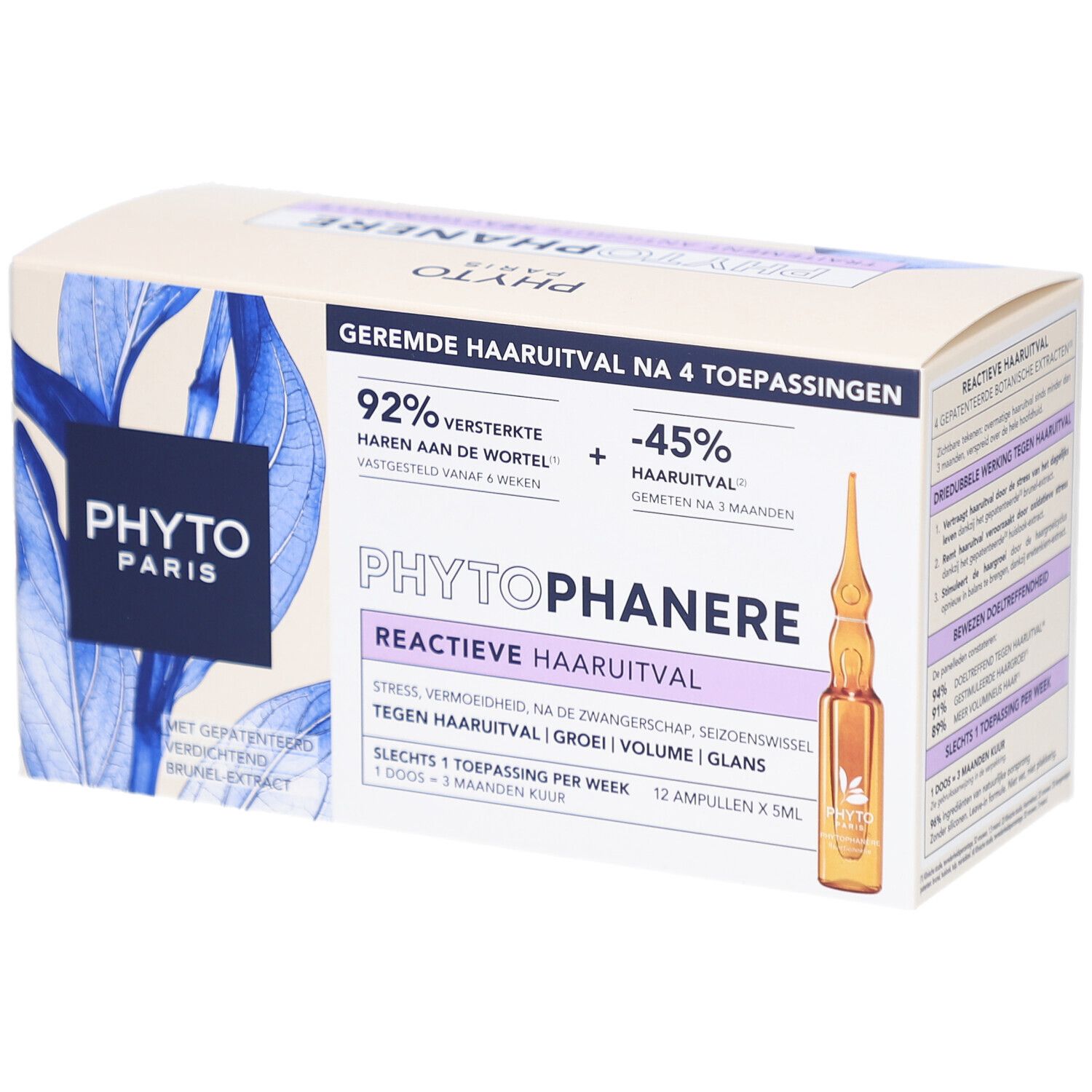 Verpackung von Phyto Paris Phytophanere. Text: Antichute Réactionnelle, 92% verstärktes Haar, 45% weniger Haarausfall.