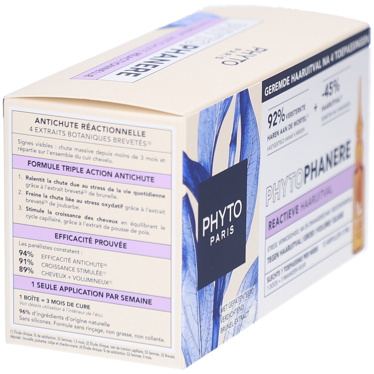 Verpackung von Phyto Paris Phytophanere. Text: Antichute Réactionnelle, 4 botanische Extrakte, 92% verstärktes Haar.