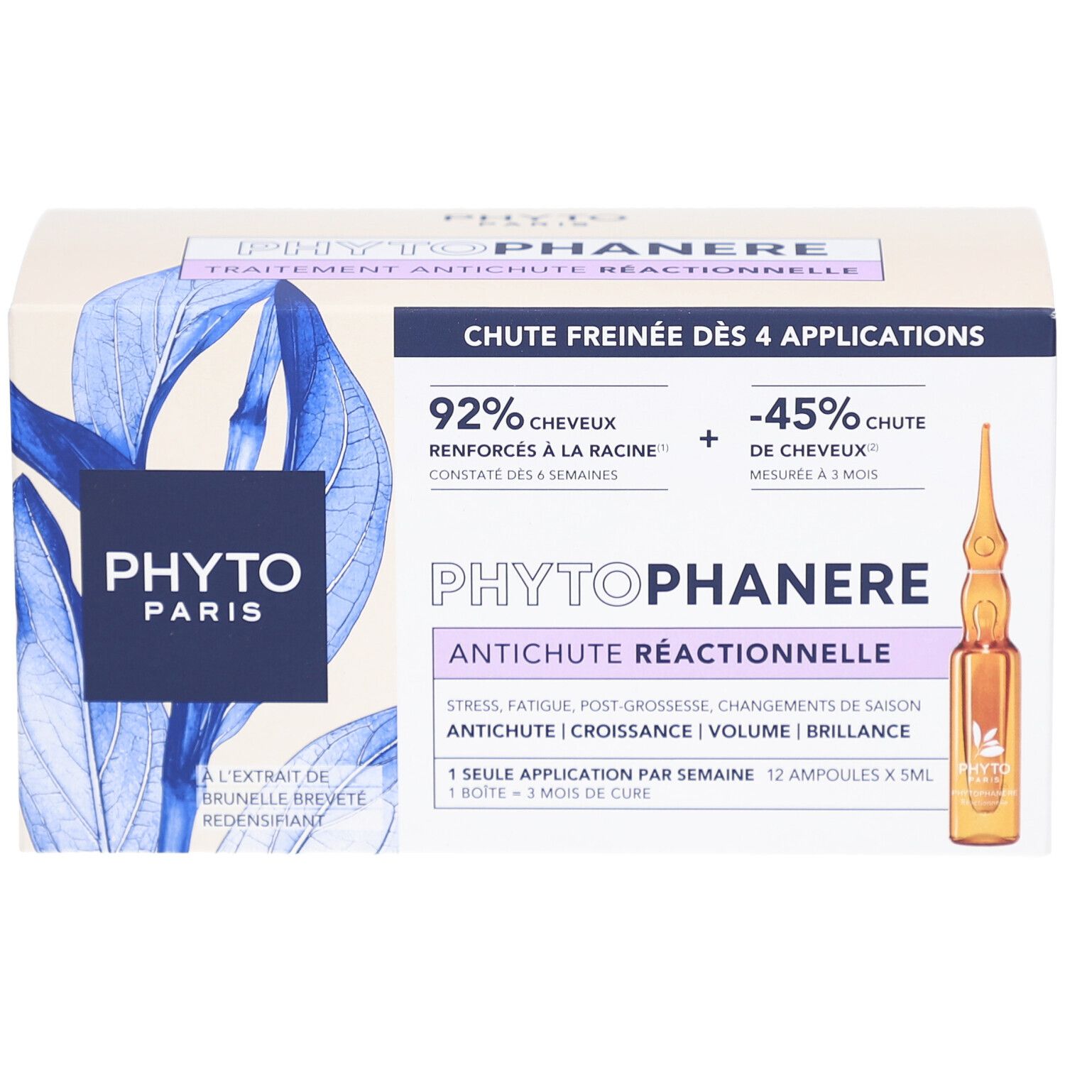 Verpackung von Phyto Paris Phytophanere. Text: Antichute Réactionnelle, 92% verstärktes Haar, 45% weniger Haarausfall.