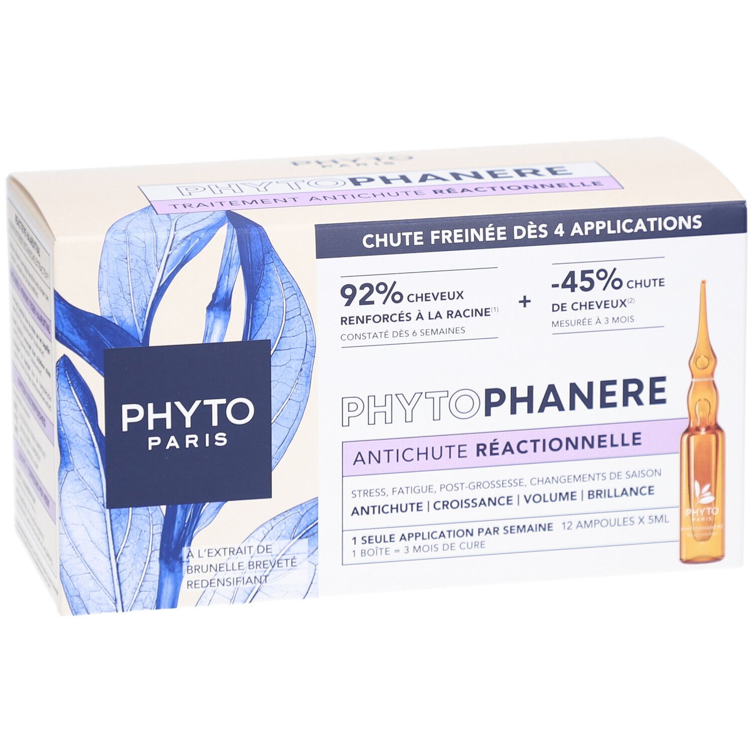 Verpackung von Phyto Paris Phytophanere. Text: Antichute Réactionnelle, 92% verstärktes Haar, 45% weniger Haarausfall.