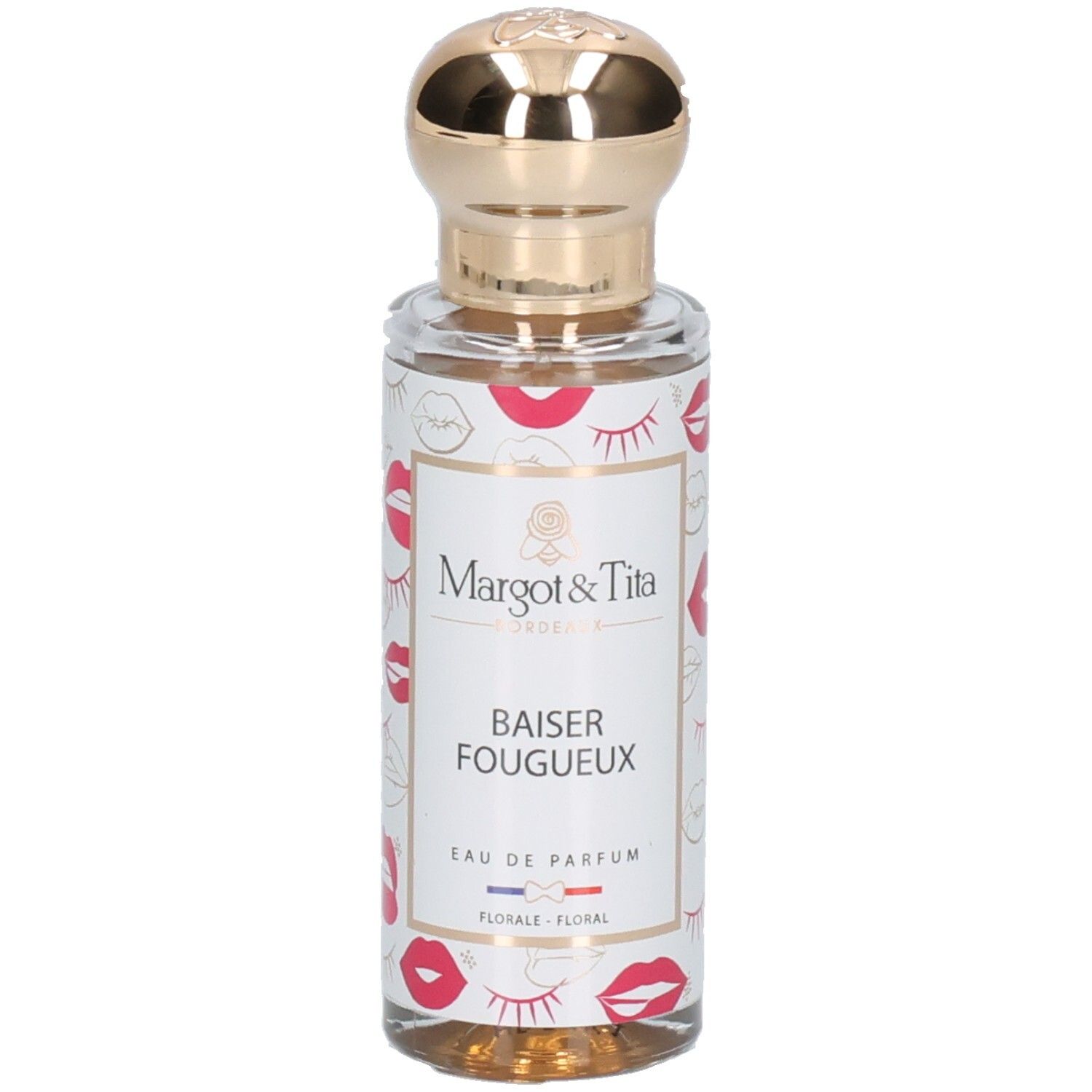 Parfumfles met gouden dop en etiket 'Margot & Tita Baiser Fougueux'. Versierd met lippen- en oogmotieven.