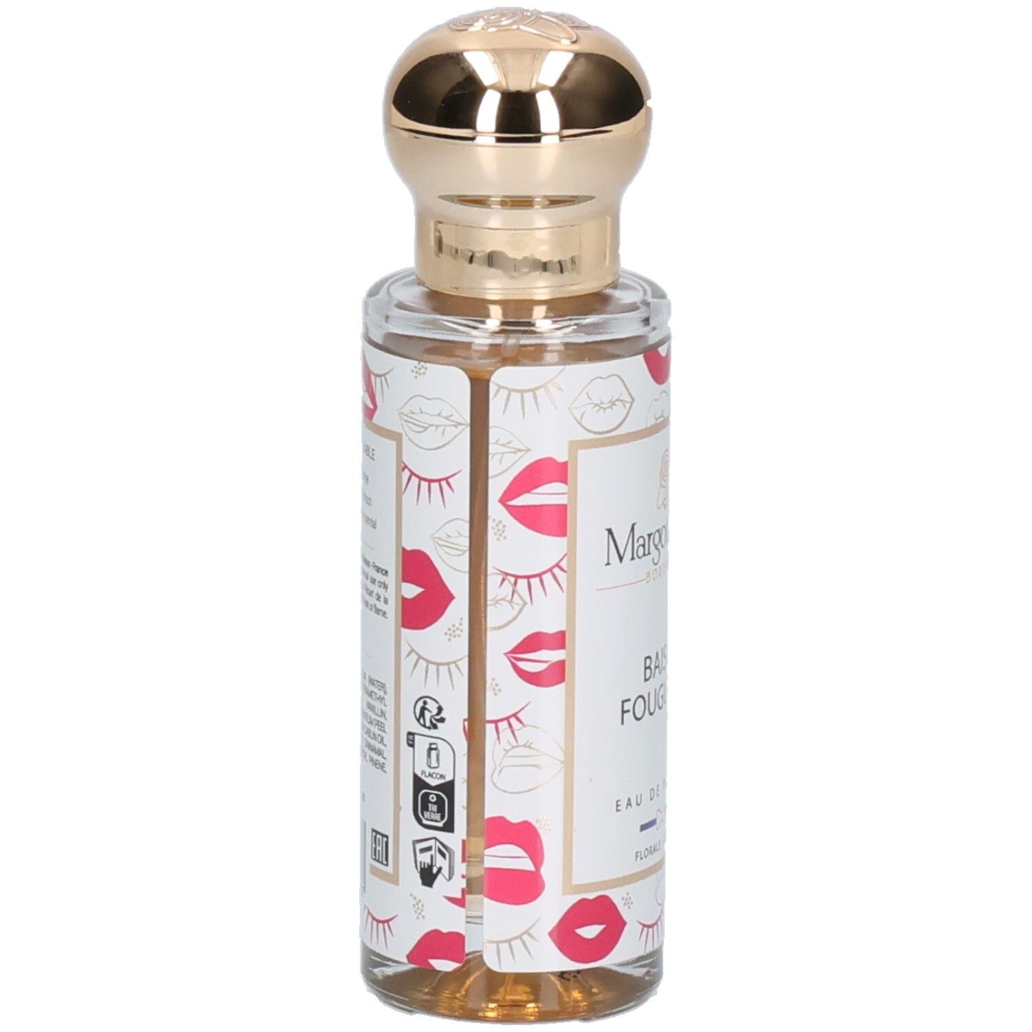 Parfumfles met gouden dop en lippenpatroon. Bevat "Margot&Tita" en "Bain Fougère".