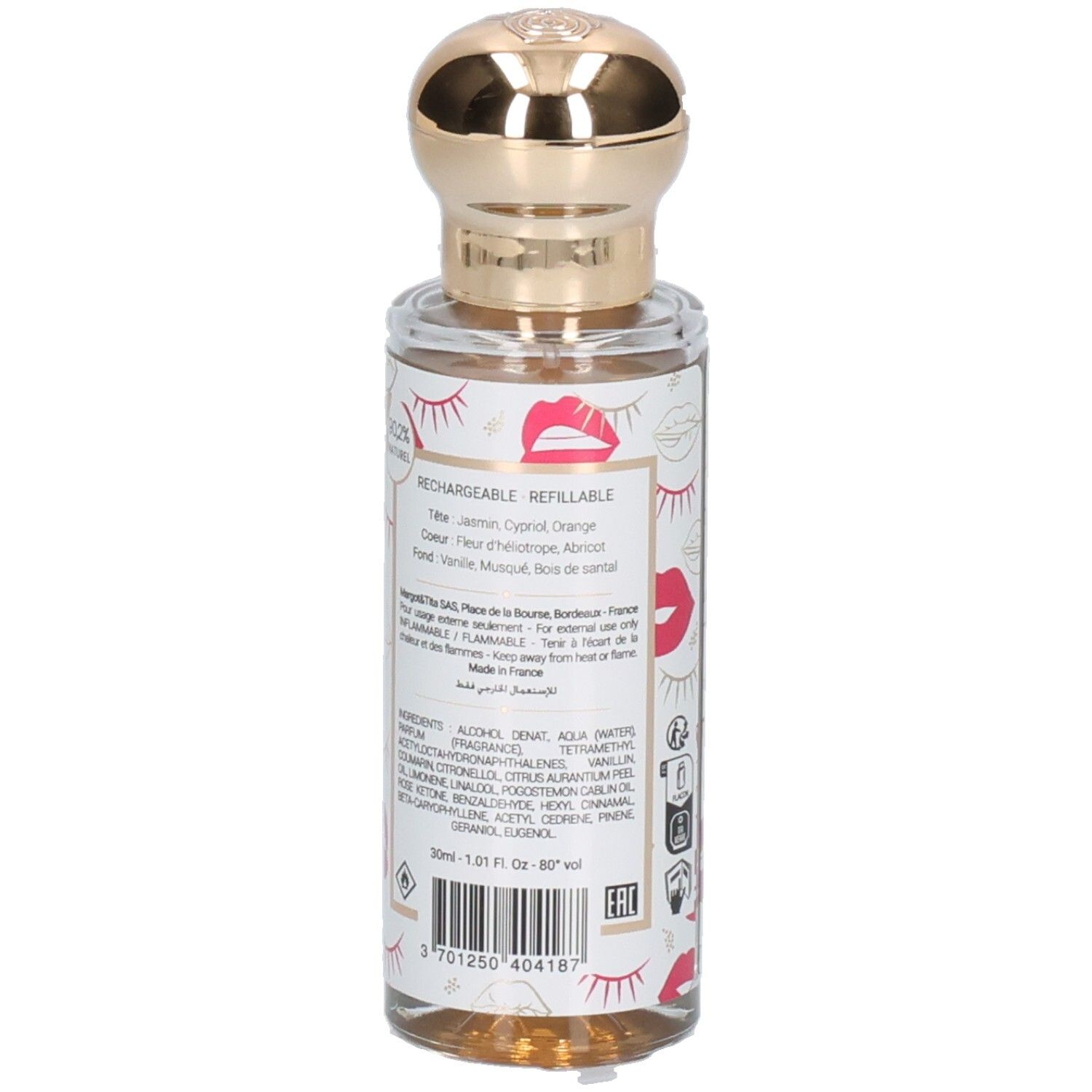 Navulbaar parfumflesje met gouden dop en etiket met lippen- en wimperprint.