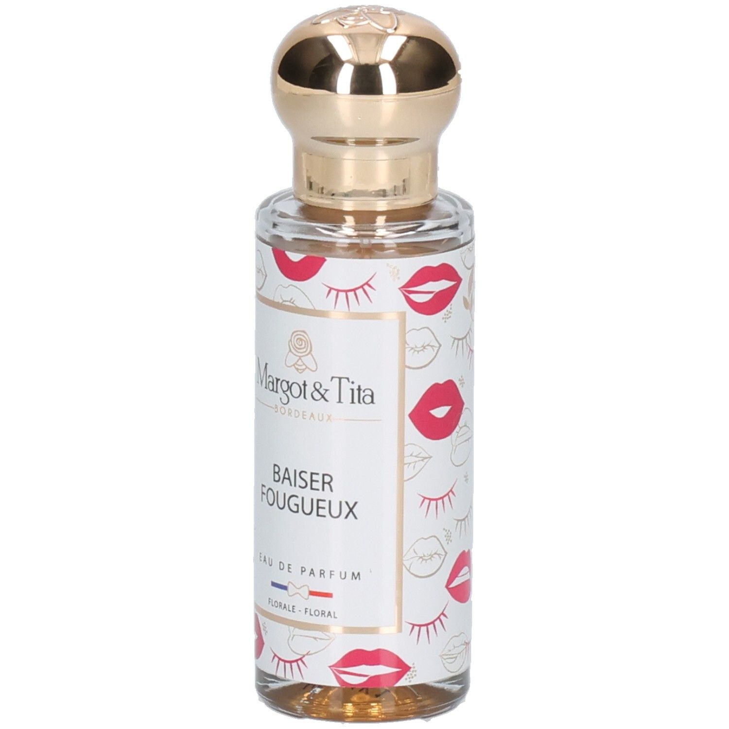 Parfumfles met gouden dop en lippenpatroon. "Margot & Tita Baiser Fougneux Eau de Parfum".
